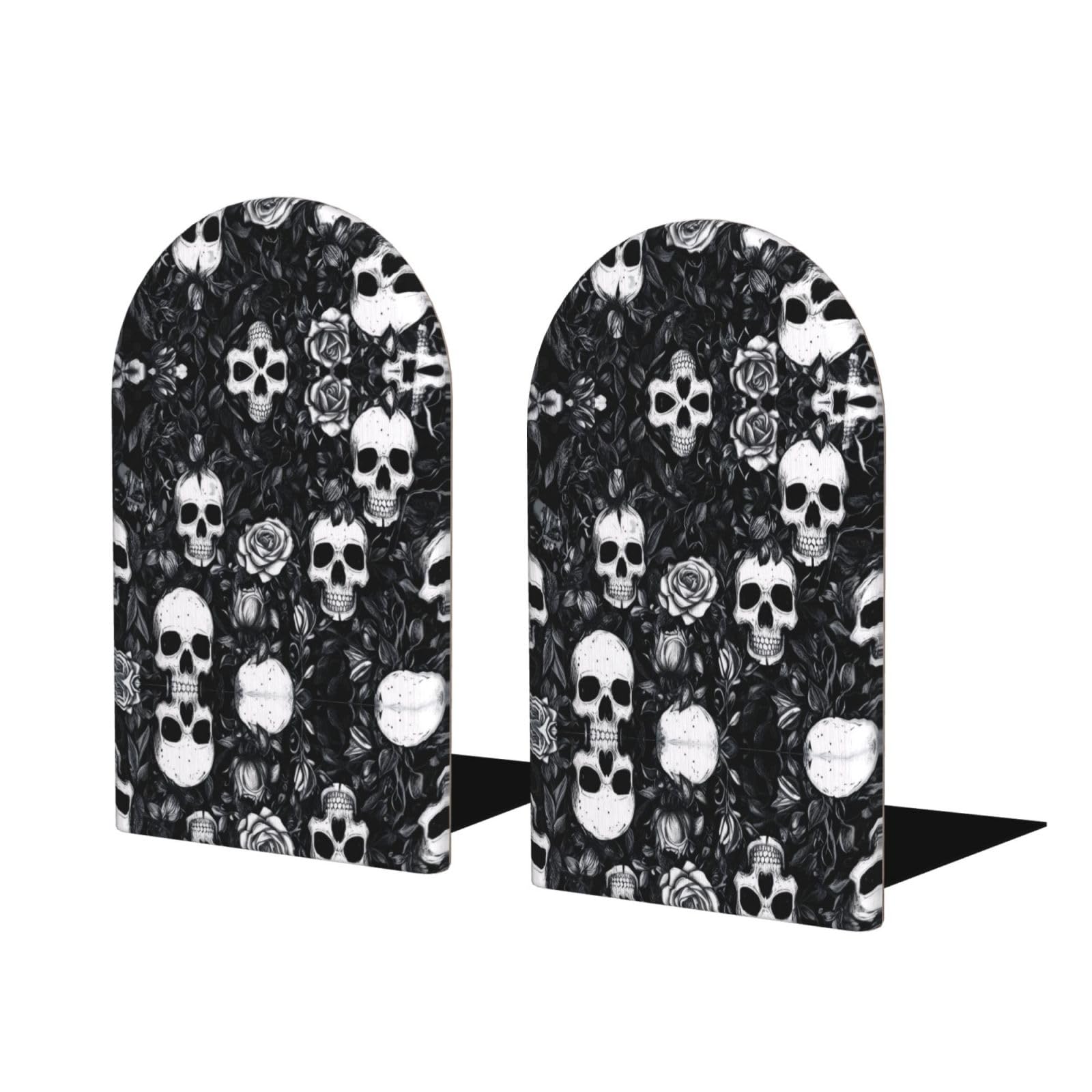 Black Floral Skull Stylish Bookends with Full-Print Design Durable Wooden and Metal Bookend Set for Home, Office