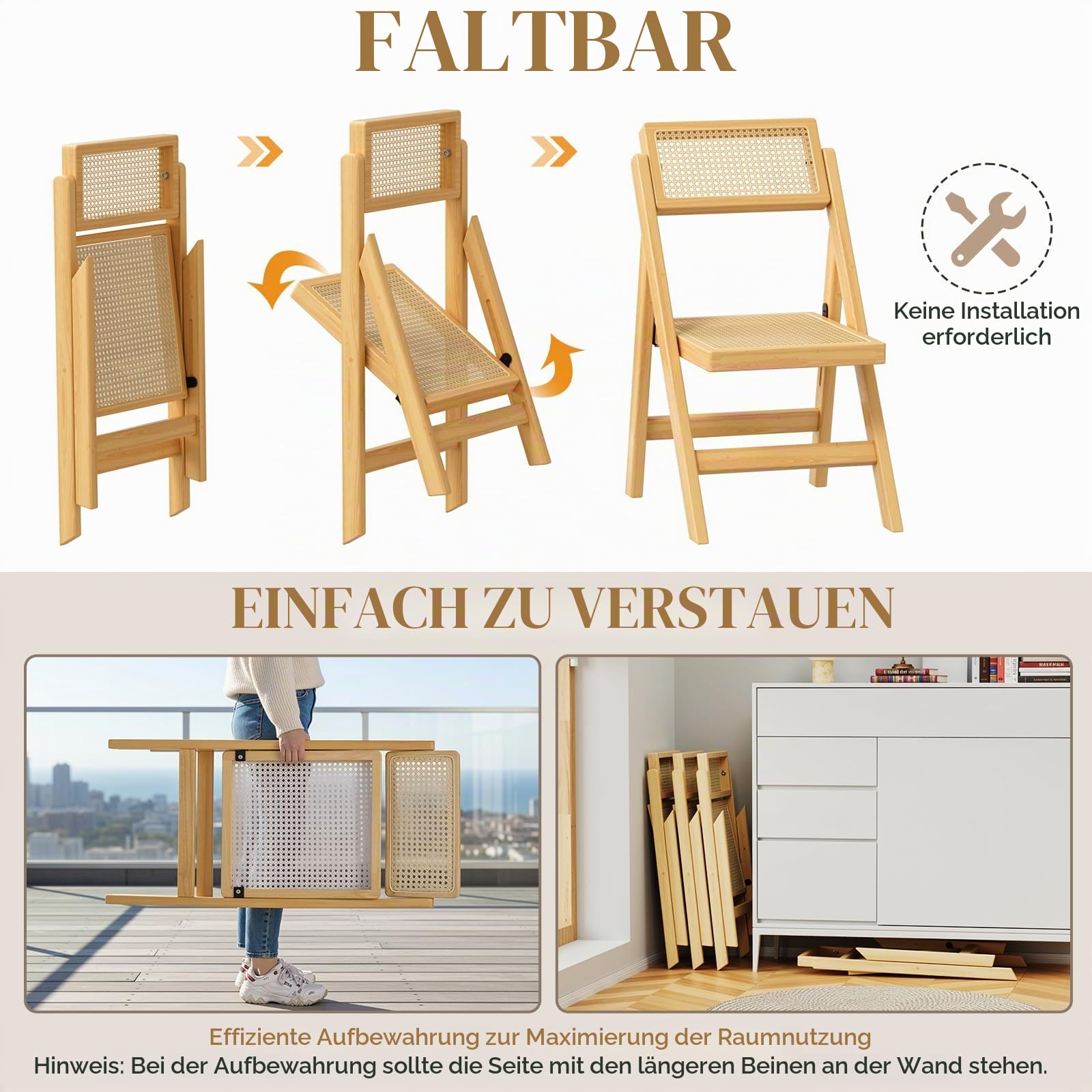 Clevich Klappbarer Esszimmerstuhl aus Kautschukholz mit Wiener Geflecht – Vintage Rattan Stuhl klappbar bis 150kg Belastbarkeit – Platzsparender Küchenstuhl und Balkonstuhl für Ihr Zuhause, 1pc