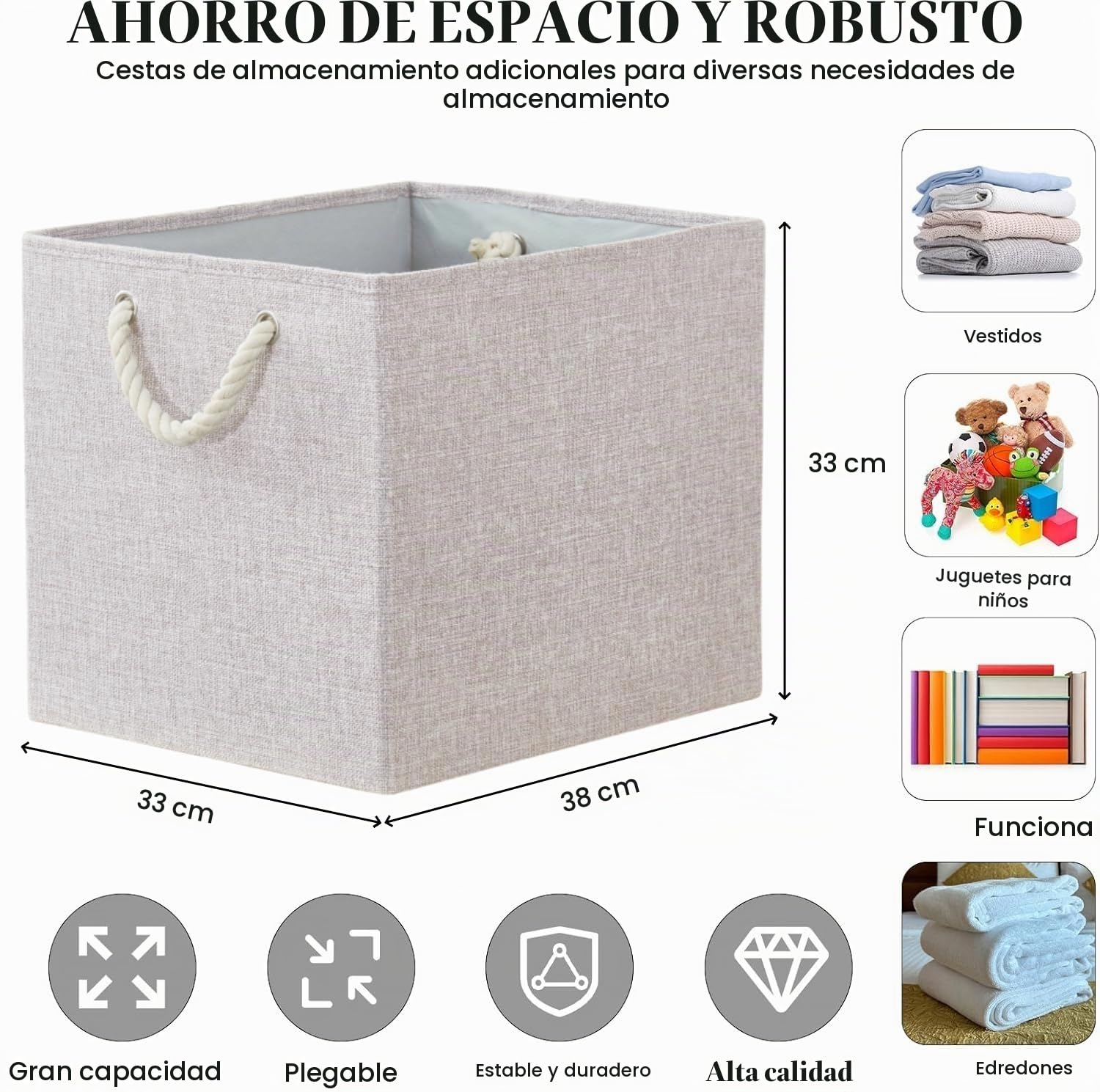 Mangata Cajas de almacenaje plegables, 33 x 38 x 33 cm Cubo de almacenaje con asas de cuerda, caja grande de tela para estantería cubo, organizador de ropa, crema