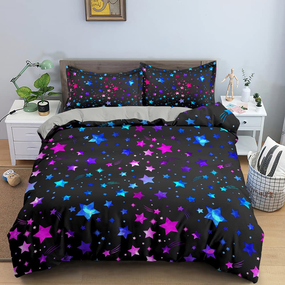 Dekbedovertrek 140 x 200 cm met 2 kussenslopen 65 x 65 cm - Sterrenhemeldesign - Moderne beddengoedset voor volwassenen en kinderen, bedrukt - Dekbedovertrek set met ritssluiting, zwart