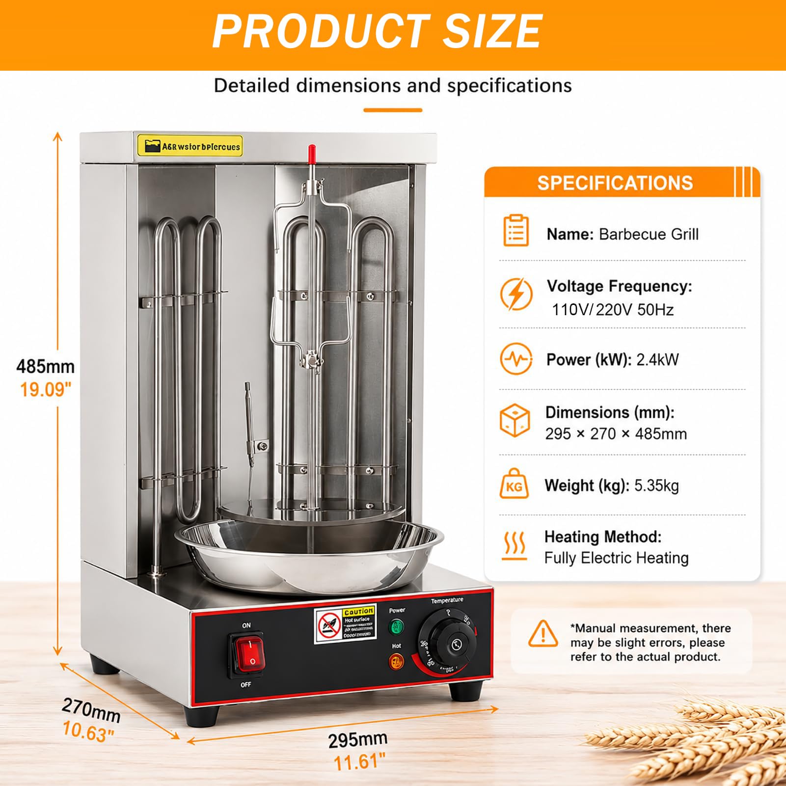 Gira Arrosticini Elettrico 2400W, Barbecue Elettrico da Tavolo Verticale, 2 Tubi Riscaldanti, Rotazione 360°, Termostato Regolabile 50‑300°C, Vaschetta Raccogli Carne, Uso Domestico e Commerciale