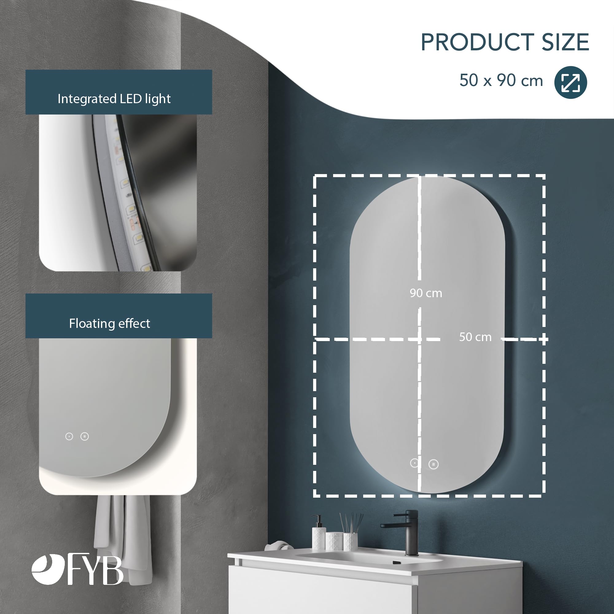 Espejo de Baño Ovalado con Luz LED Regulable, Antivaho, Interruptor Táctil y Apagado Automático, Diseño Moderno, Iluminación Ajustable y Fácil Instalación en Pared 50x90 cm
