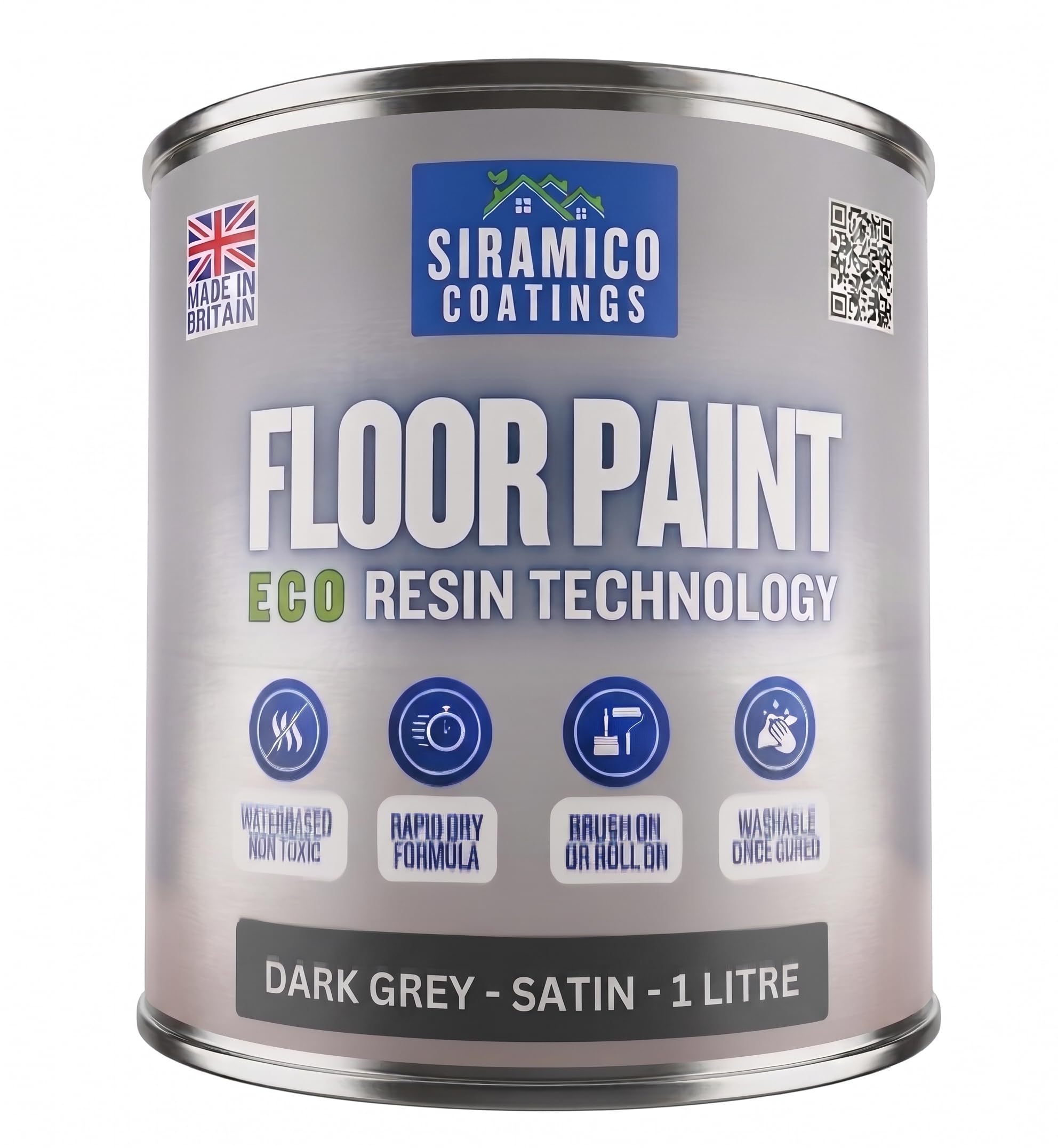 SIRAMICO COATINGS Floor Paint | 1 Litre | Satin | Water-Based Quick-Dry Formula - Non-Toxic, No-VOC, Durable Coating for Concrete, Brick, Stone & Wood Floors (Dark Grey)