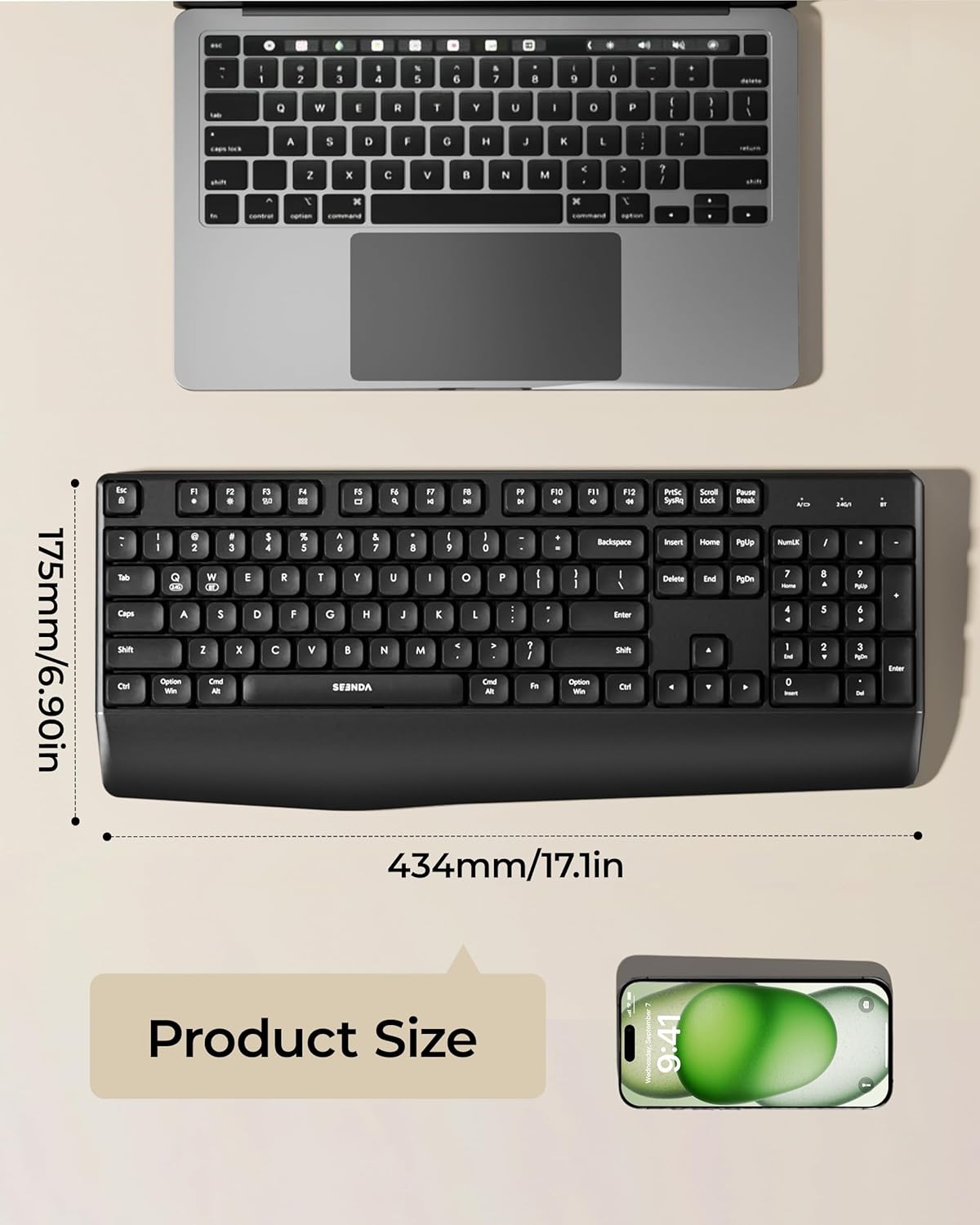seenda Bluetooth Wireless Keyboard, Wireless Ergonomic Keyboard with Wrist Rest, Multi-Device Bluetooth Keyboard with Number Pad, Full-Size Keyboard for Laptop/MacBook/Mac/Windows, Black