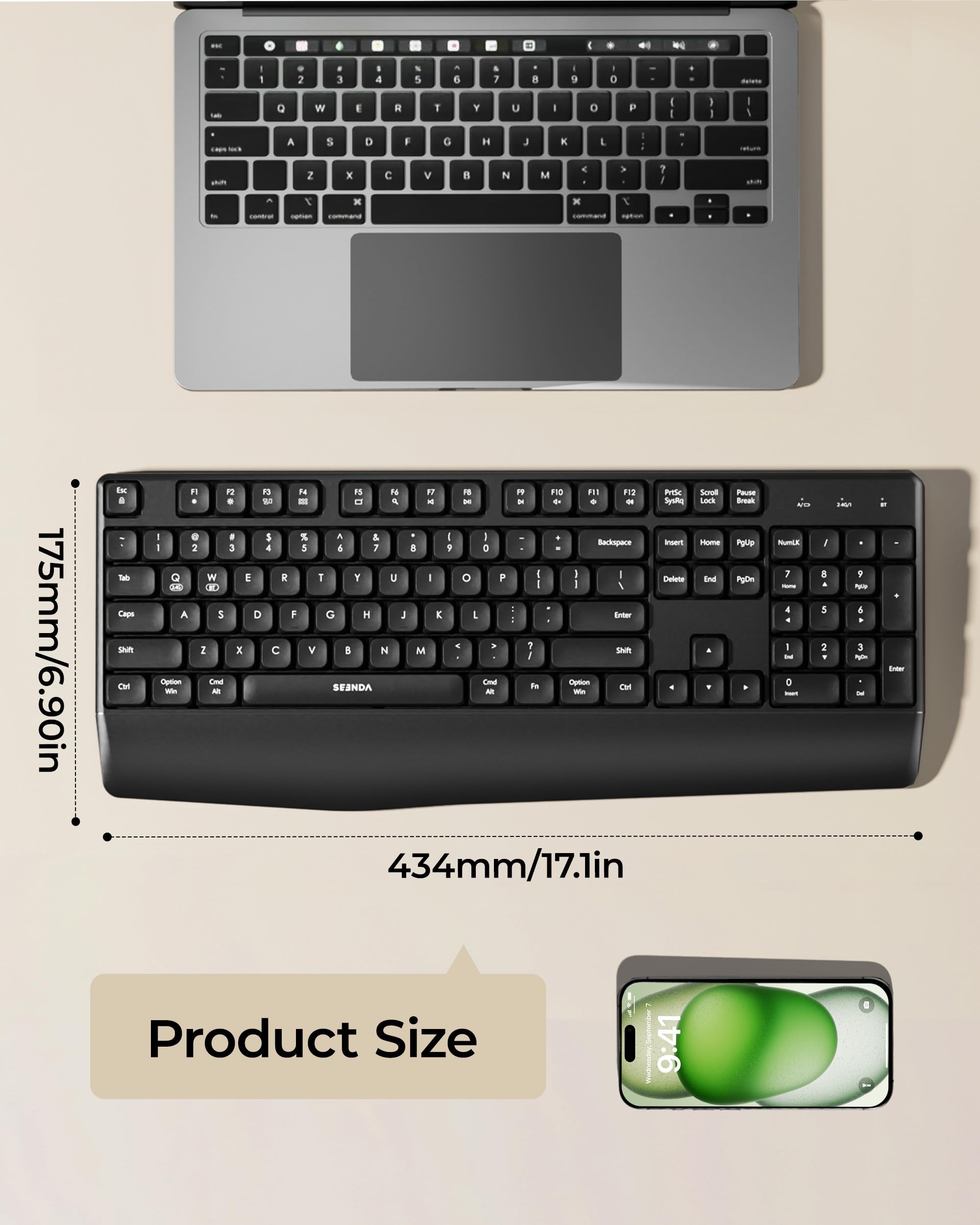 seenda Bluetooth Wireless Keyboard, Wireless Ergonomic Keyboard with Wrist Rest, Multi-Device Bluetooth Keyboard with Number Pad, Full-Size Keyboard for Laptop/MacBook/Mac/Windows, Black — view 7