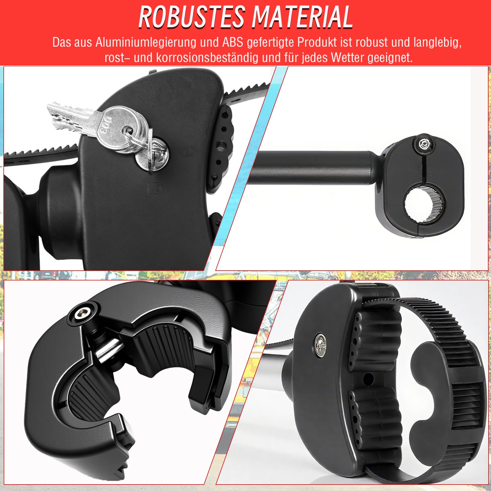 Verstellbar Strap Rahmenhalter 12CM+38CM, Alu Rahmenhalter Fahrradträger für E-Bike/Fahrrad, Abschließbare, Universal Fahrradrahmenhalter für U-Bügelrohr: Ø 2,5-3cm (Schwarz+Silber)