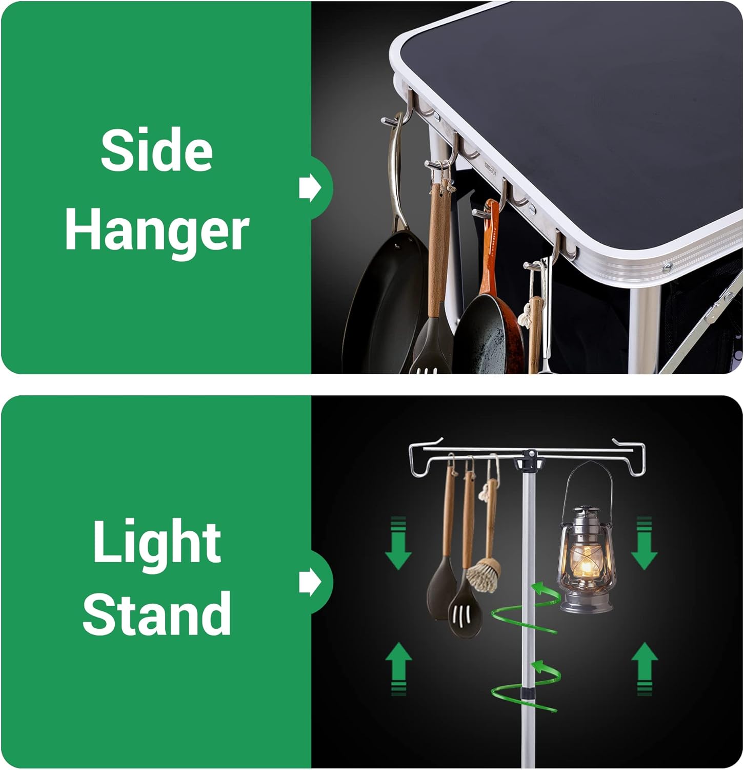 Camping Kitchen Table, Camping Table with Storage, Outdoor Cook Station, Portable, Foldable with Light Stand, for Grill, Camp and Outdoor (Silver)