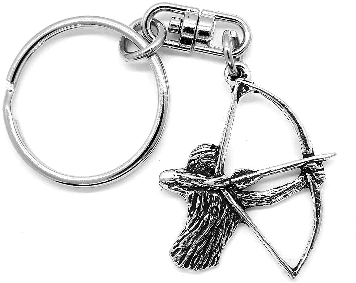 Archer Archery Bow Arrow Silver Pewter Keyring (single sided) in an organza pouch