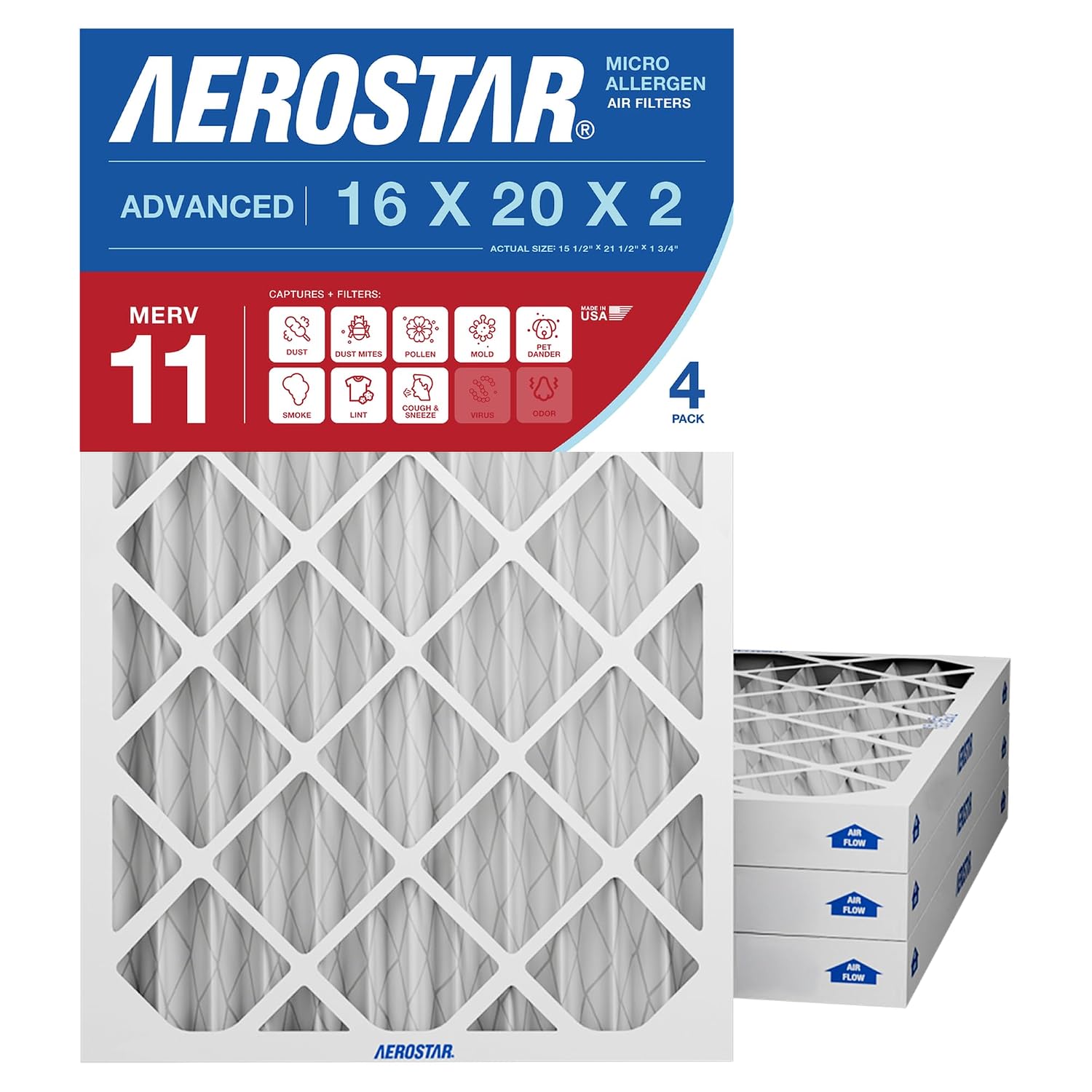 Aerostar 16x20x2 MERV 11 Air Filter, 4 Pack Set of HVAC Furnace Filters, Electrostatic MPR 1000-1200 & FPR 7 (Actual Size: 15 1/2 x 19 1/2 x 1 3/4 inches)