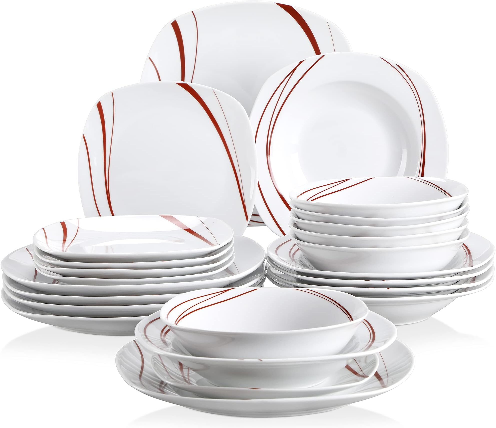 VEWEET Bonnie Porcelain Dinner Service 24 Pieces | Crockery Set Including Cereal Bowls, Dessert Plates, Dinner Plates and Soup Plates | Crockery Service for 6 People, White