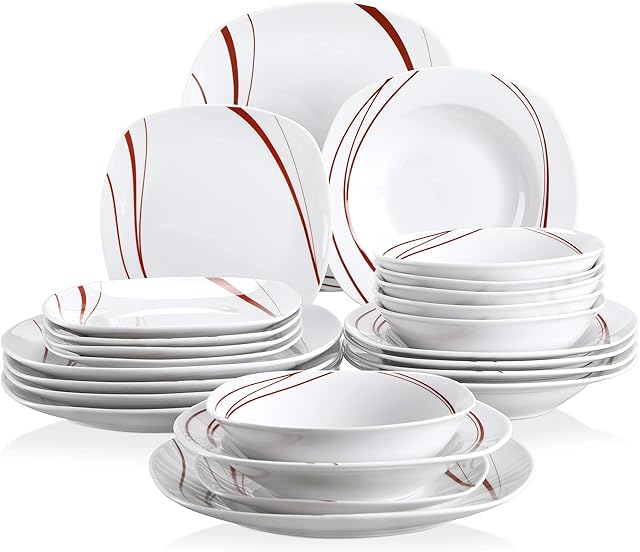 VEWEET 'Bonnie' 24-Piece Dinner Set Ivory White Brown Lines China Combination Sets Porcelain Tableware Set of Bowls Dessert Plates Soup Plates Dinner Plates Service for 6