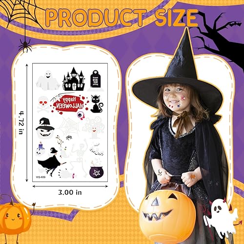 Miniatura 4 de Tatuajes temporales para niños, decoraciones de Halloween brillantes, suministros de recuerdos de fiesta de cumpleaños, tatuajes falsos de