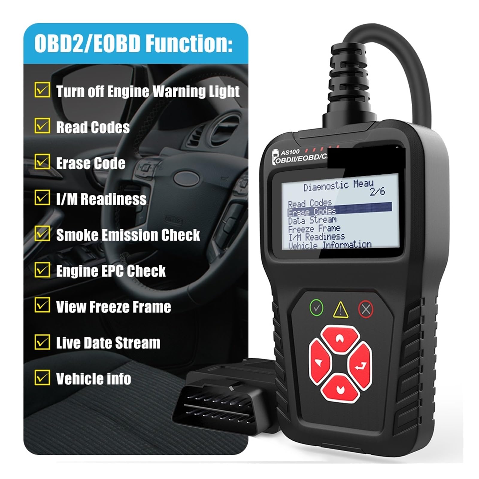 AS100 OBD2 Czytnik kodów silnika OBD 2 Skaner Analiza Odczyt Kodów Kasowanie Narzędzie diagnostyczne,Przyjazny dla użytkownika