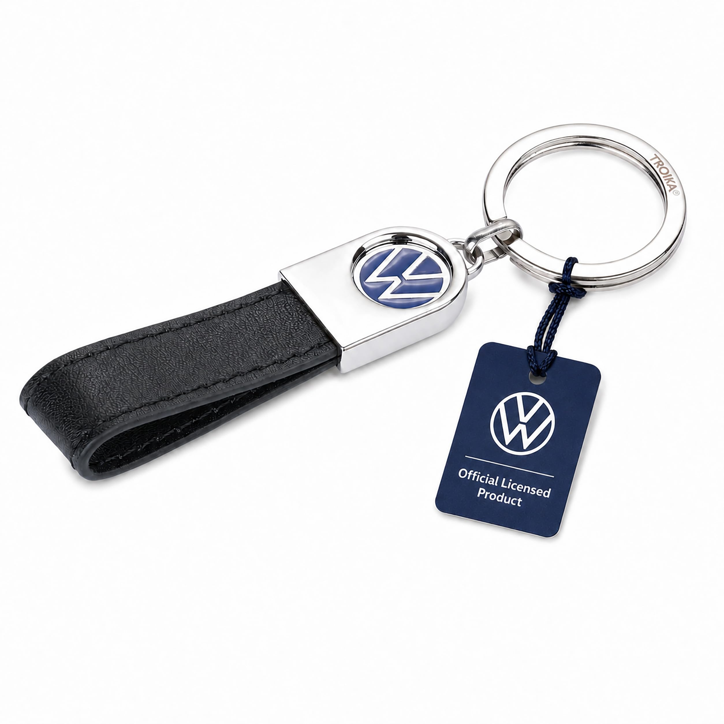 Troika Brelok z logo VW, skórzana szlufka - VW LEATHER - skóra, metal - czarny, niebieski, srebrny, oryginalny, czarny, poręczny, Czarny, handy