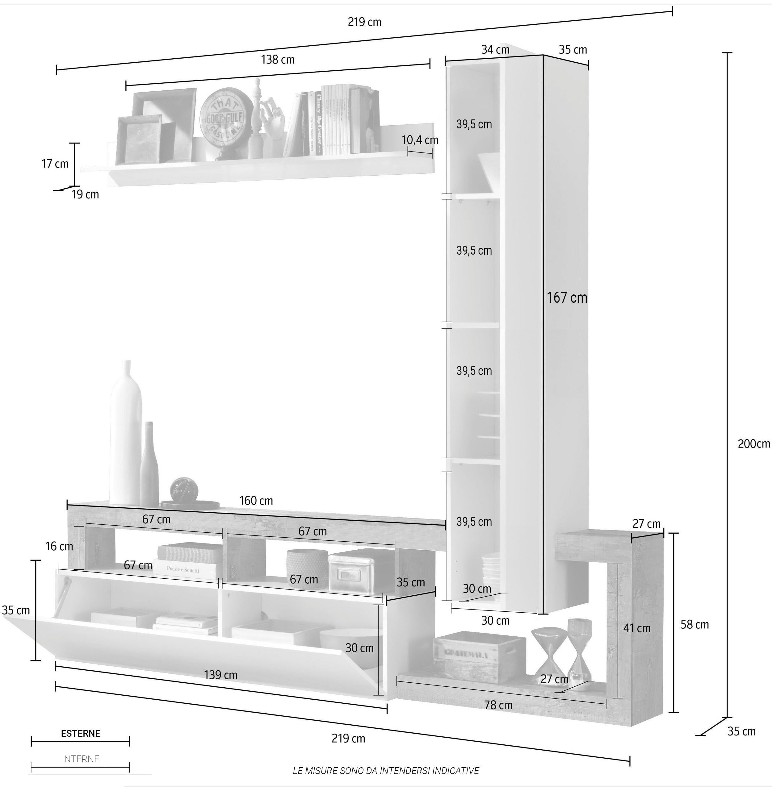 Web Convenienza Parete TV Hamburg Bianco Lucido Attrezzata - Mobile Televisore in Legno con Pensili ad Ante a Ribalta Moderno (1 Pensile Alto, Ossido)
