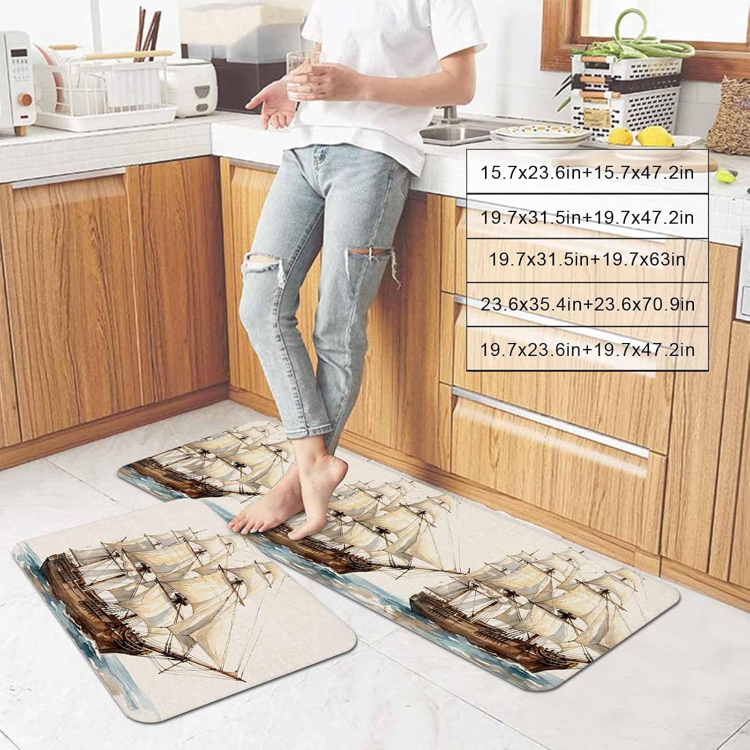 Prime Leader Vintage Sailboat Kitchen Mat Set 2 Pieces Nautical Ocean Oil Painting Style Linen Texture Non Slip Kitchen Rugs Washable Runner Rug Mats for Sink Laundry (19.7" x 31.5"+19.7" x 47.2")