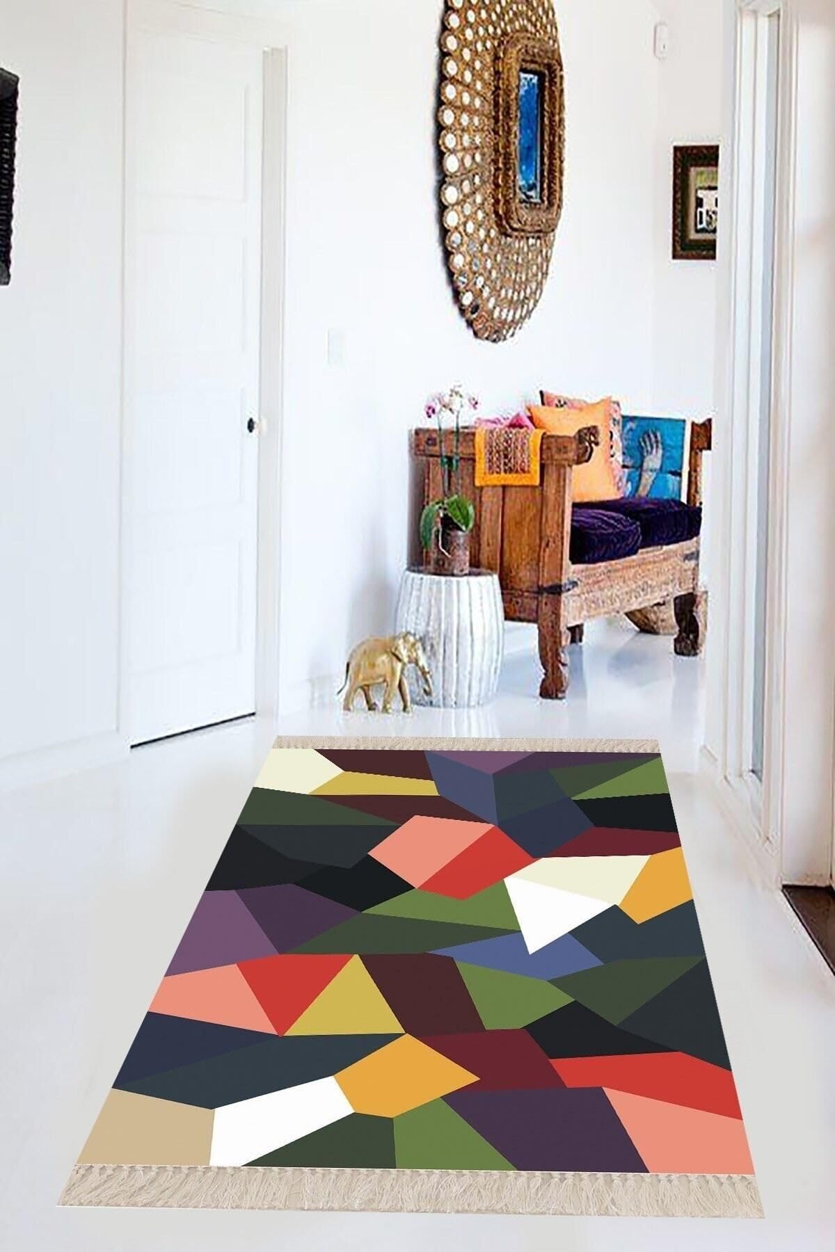 On The Clouds Geometrik Şekiller Desenli Renkli Dijital Baskı Yıkanabilir Kaymaz Taban Kilim Model Salon Halısı MEG286, 80 x 300
