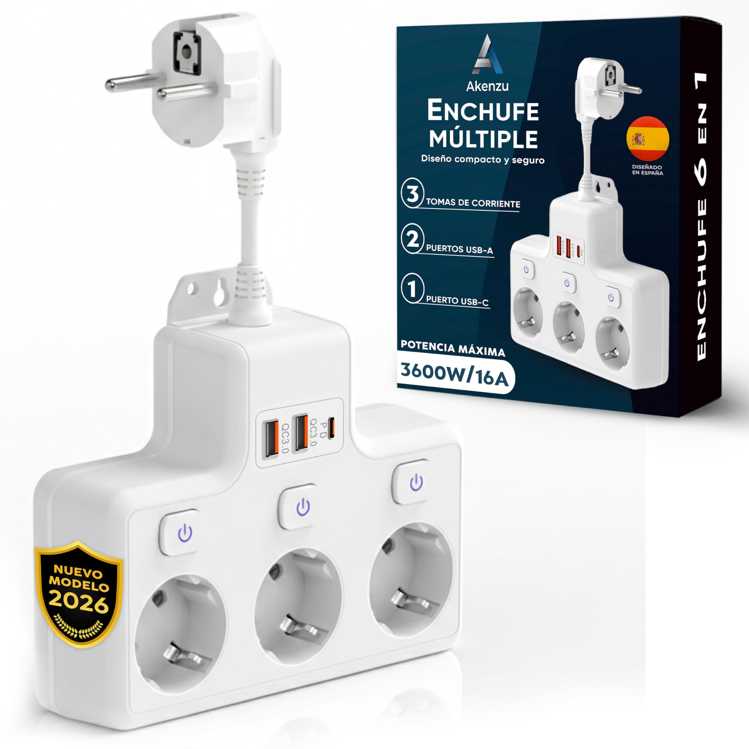 Regletas para Enchufes Modulares 6 en 1 | Enchufe Multiple | Regleta De Enchufes Proteccion Sobretension | Ladron para Enchufes Plano con USB/USB-C | Enchufe con Interruptor para Pared—Blanco