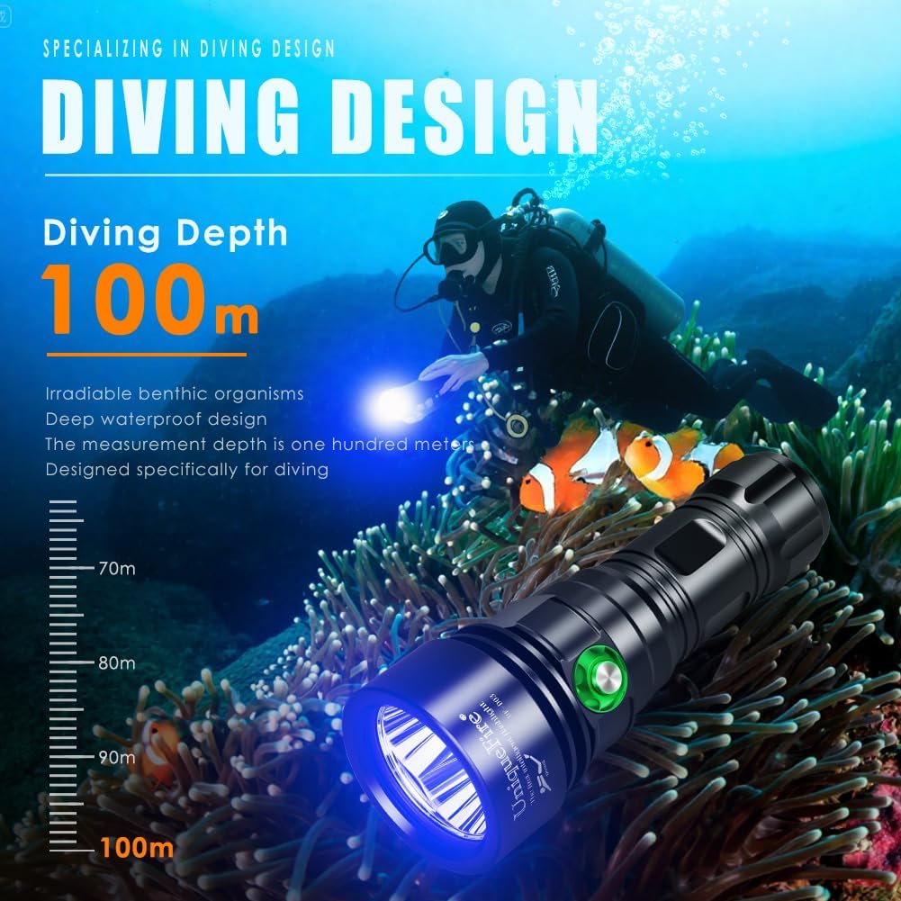 UniqueFire D03 Scuba Dive 365nm UV Black Light 3LEDs High Power Super Bright Underwater Diving UV Flashlight Rechargeable with 3 Modes Night Dive Torch 100 Meters Submersible Light