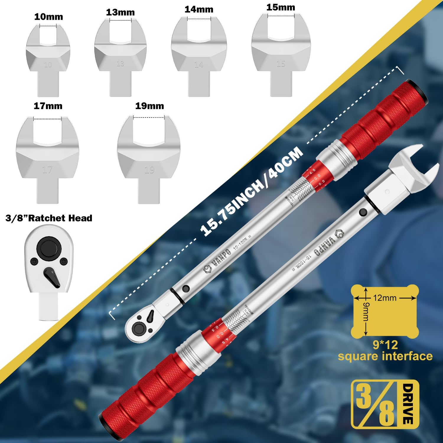 VANPO Clé dynamométrique ouverte 10-100Nm, 9x12mm Clé Dynamométrique Interchangeable, Tête à Cliquet 3/8", 10/13/14/15/17/19mm Tête Extrémité Ouverte, pour Réparation de Climatisation