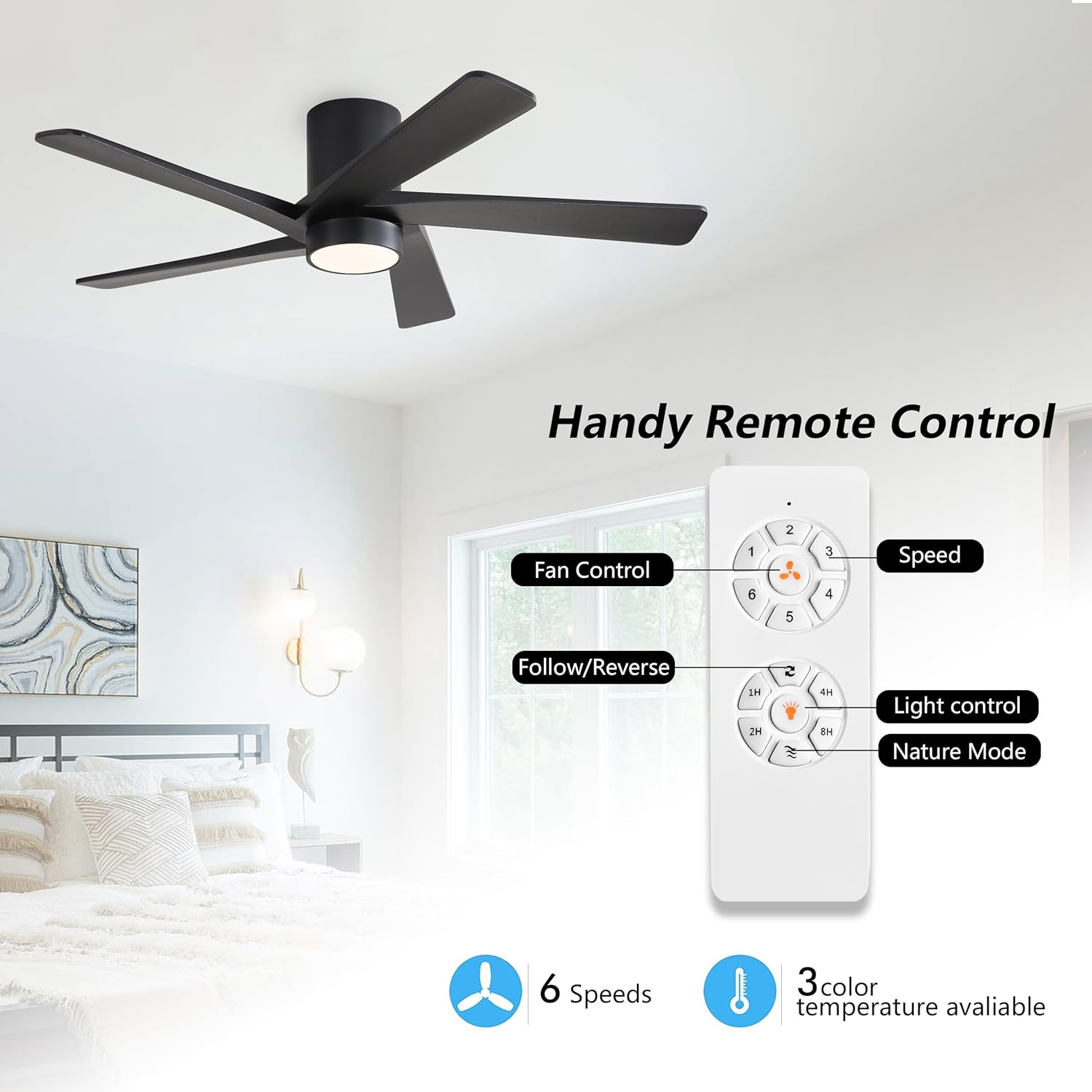 WINGBO 54 Inch Flush Mount DC Ceiling Fan with Lights and Remote, 5 Reversible Carved Wood Blades, 6-Speed Noiseless DC Motor, Hugger Ceiling Fan in Black Finish, Low Profile Ceiling Fans, ETL Listed Black 54"