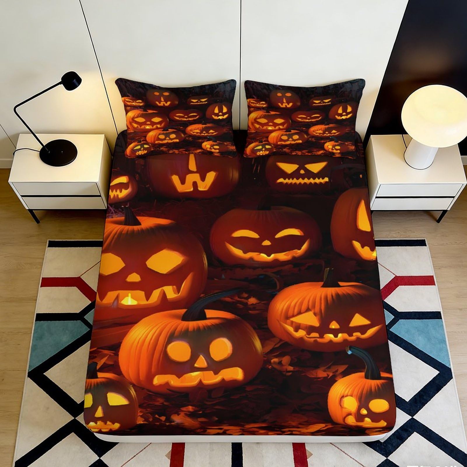 3D Printed Halloween Pumpkin Fitted Sheet Microfiber Dark Orange Jack-o'-Lantern Mattress Cover for Bedroom Decor 160x200x25cm