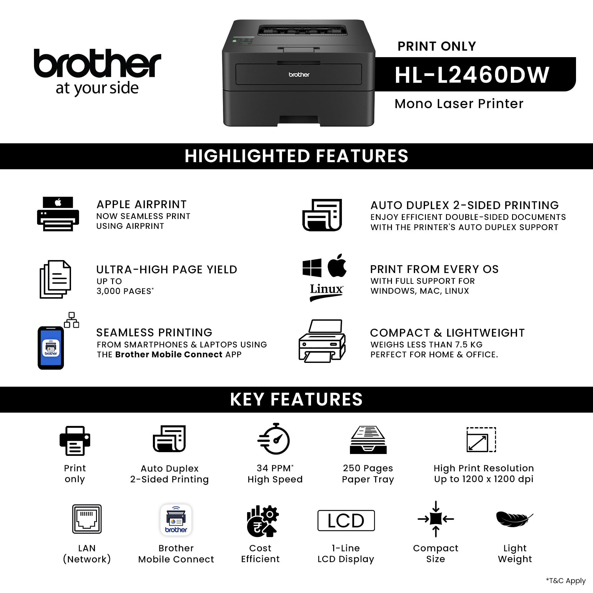 Brother HL-L2460DN Auto-Duplex-Monochrom-Laserdrucker, 34 Seiten/Minute, LCD-Display, 128 MB Speicher, LAN, USB, 250-Blatt-Papierfach, Schwarz