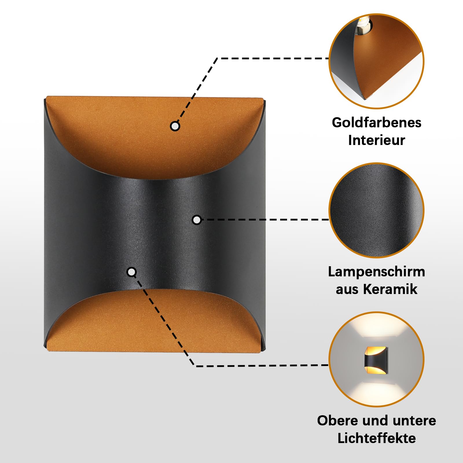Homefire Wandleuchte Innen Wandlampe Schwarz Gold - 4ER Up Down Flur | Wandlampen Treppenhaus Leuchten Vintage G9 Keramik Wandbeleuchtung für Schlafzimmer Wohnzimmer Kinderzimmer Ohne Leuchtmittel