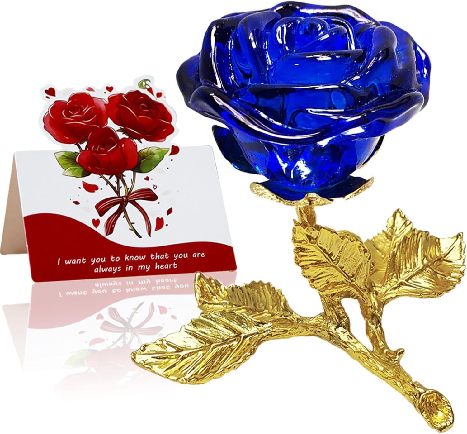 Rose éternelle en cristal bleu faite main en verre K9 avec boîte cadeau