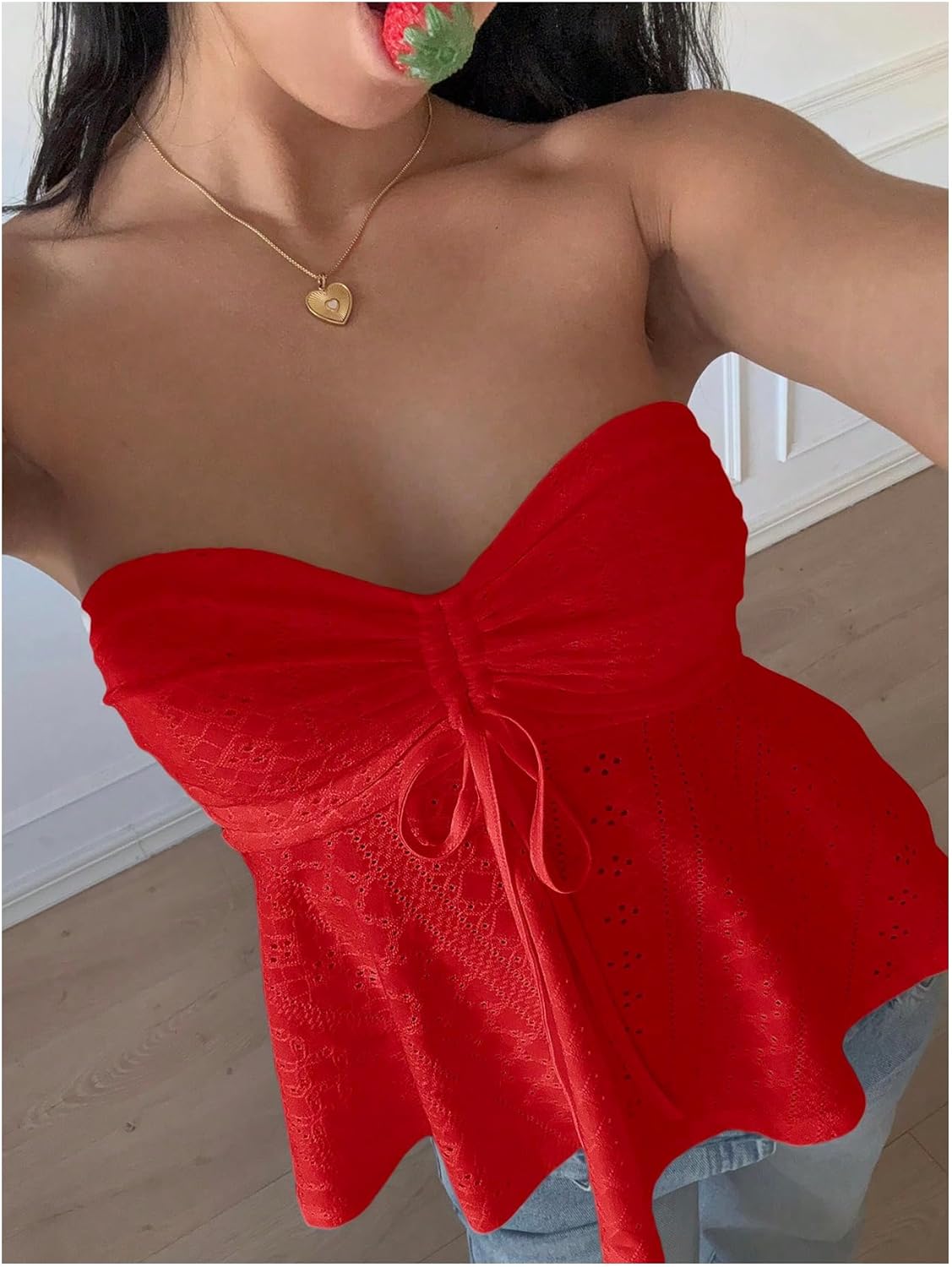 Milumia Women's Eyelet Tie Front Ruched Tube Top Flared Peplum Tops Going Out - Image 5