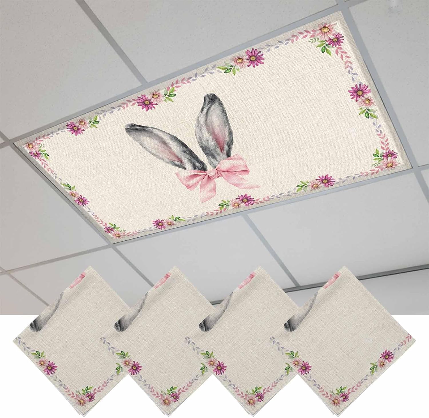 2x4 ft Fluorescent Light Cover for Ceiling Easter Rabbit Ears Pink Bow on Linen Magnetic Light Filters, Spring Flower Leaves Ceiling Lampshades for Home School Office 4Pcs