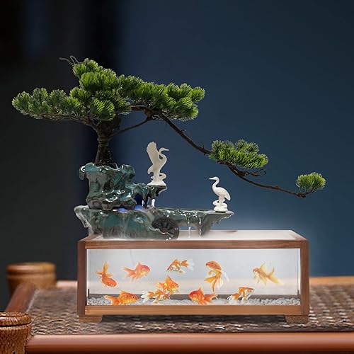 Fuente de mesa con luz LED, pecera, fuente de mesa artificial de paisaje con bomba, atomizador, para decoración de interiores y exteriores, alivio