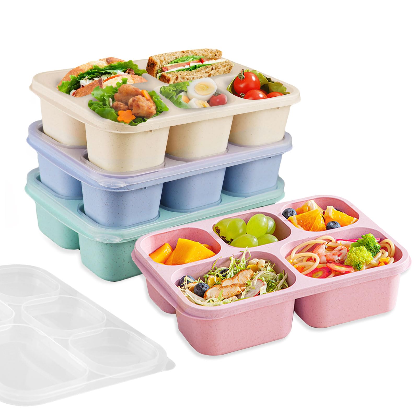 Toivize 4 Pack Bento Snack Boxes, Snack Box with 5 Compartments Reusable Divided Food Storage with Transparent Lid Bento Lunch Box for School Travel Work (Green/Blue/Pink/Beige)