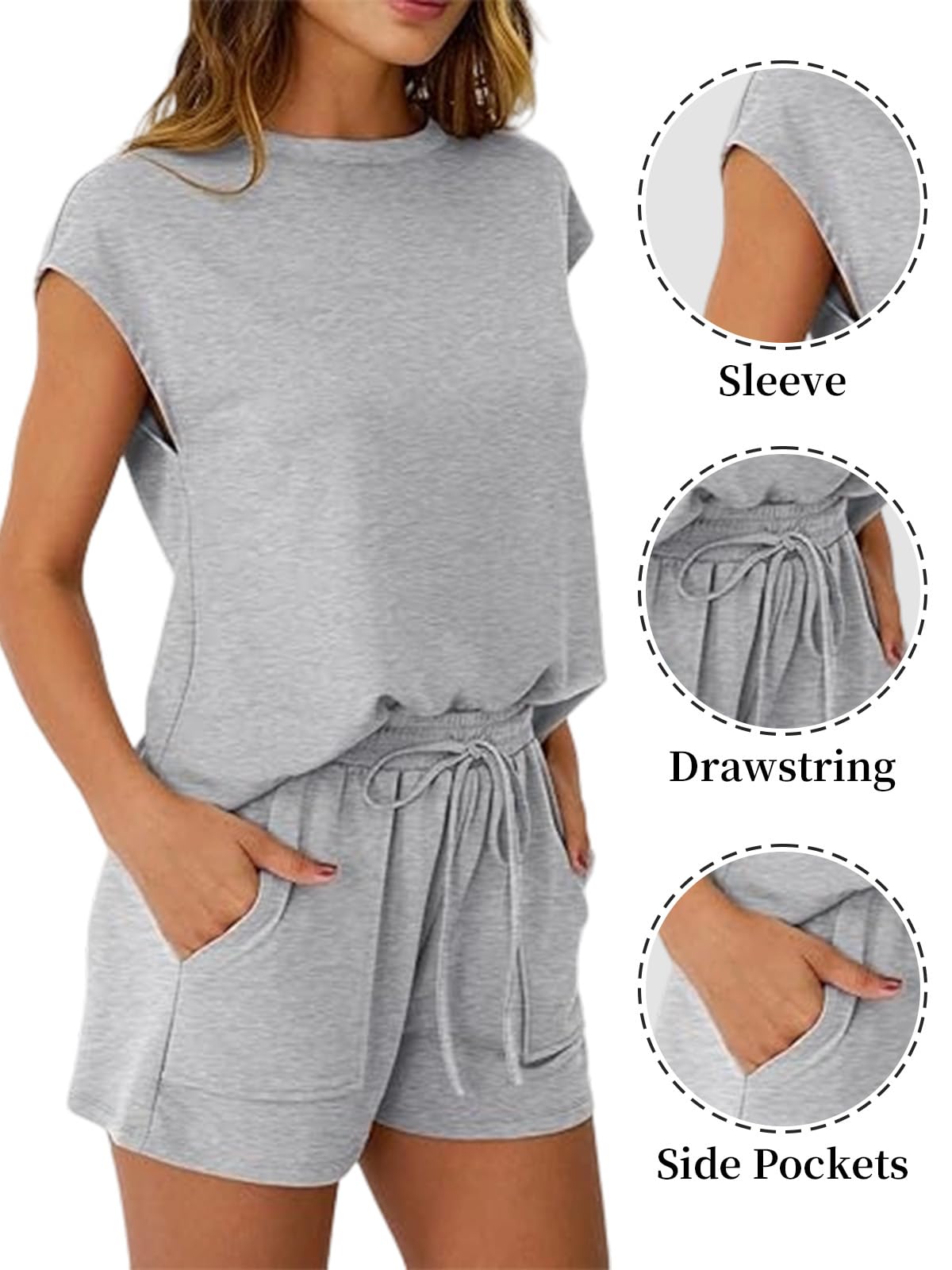 Conjuntos Chándal Mujer Verano 2 Piezas Casual Cuello Redondo Top Sin Mangas y Pantalones Cortos con Bolsillos y Cordón Ajustable Chandal Completo