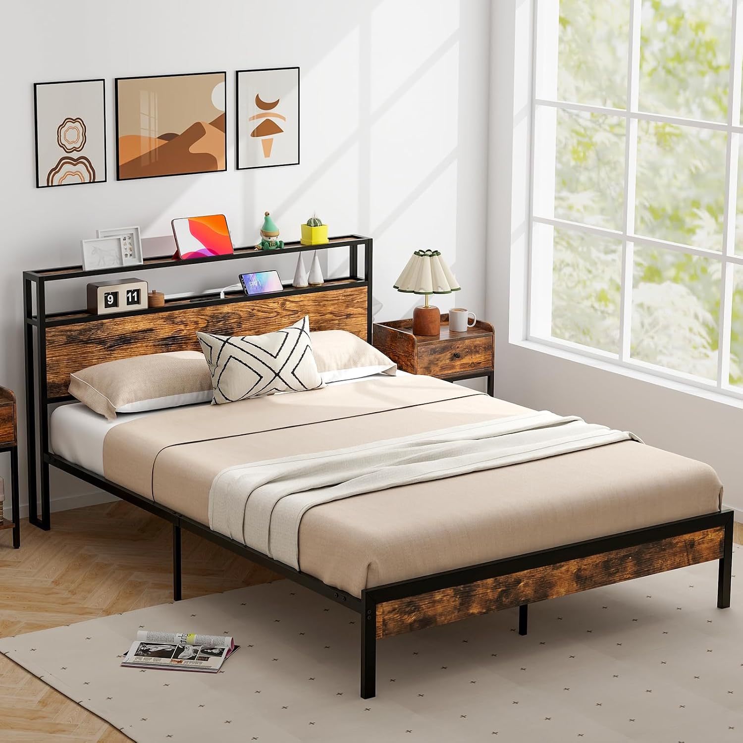 Giantex Queen Bed Frame with 2-Tier Storage Headboard, Industrial Metal Platform Bed with Charging Station, Heavy Duty Metal Support Mattress Foundation, No Box Spring Needed, Noise-Free, Rustic Brown