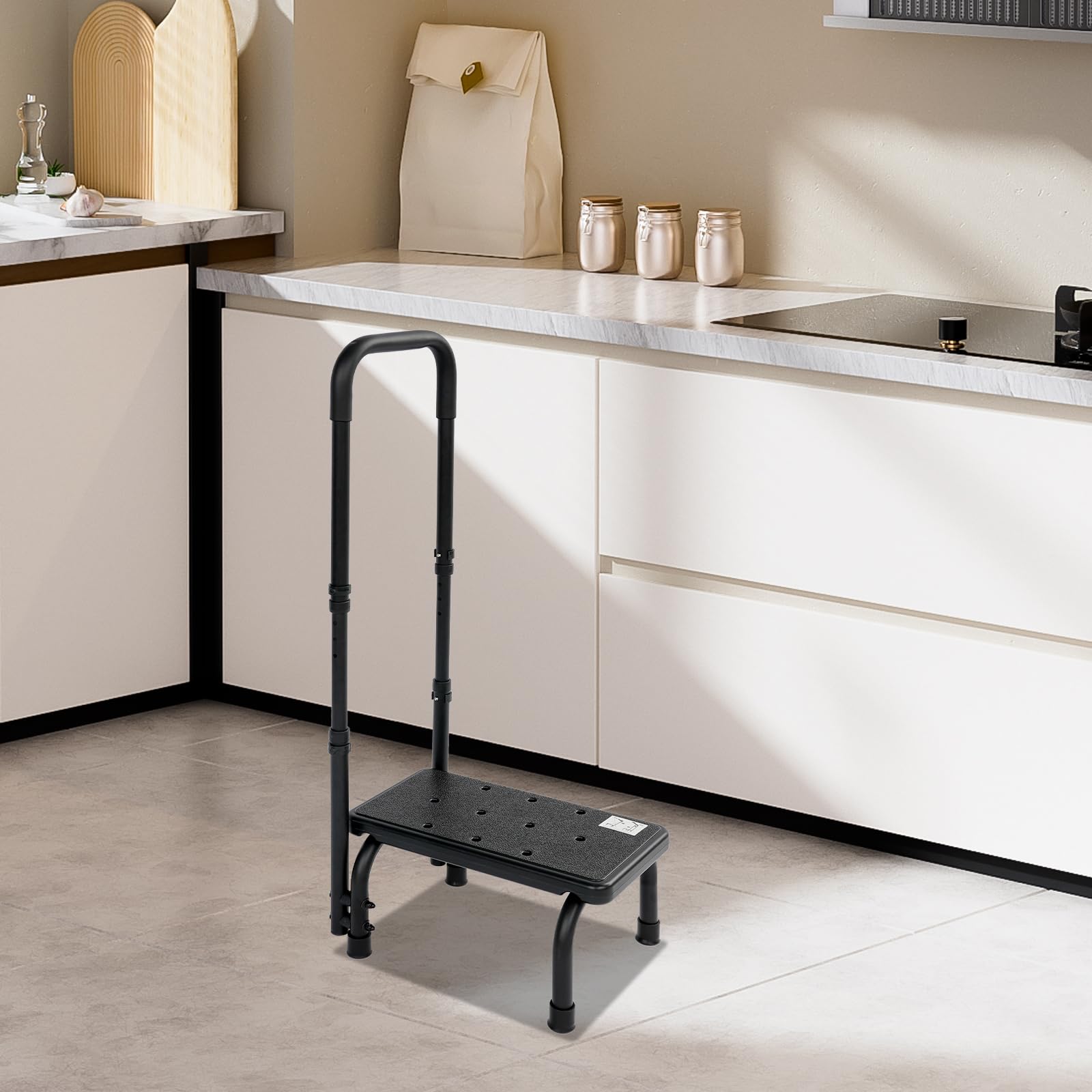 Haushaltstritt rutschfest Tritthocker Trittstufe mit höhenverstellbarem Griff Badewannenstufe Fußhocker Tragkraft 136kg für Küchen, Bädern, Schlafzimmern, Garagen (schwarz)