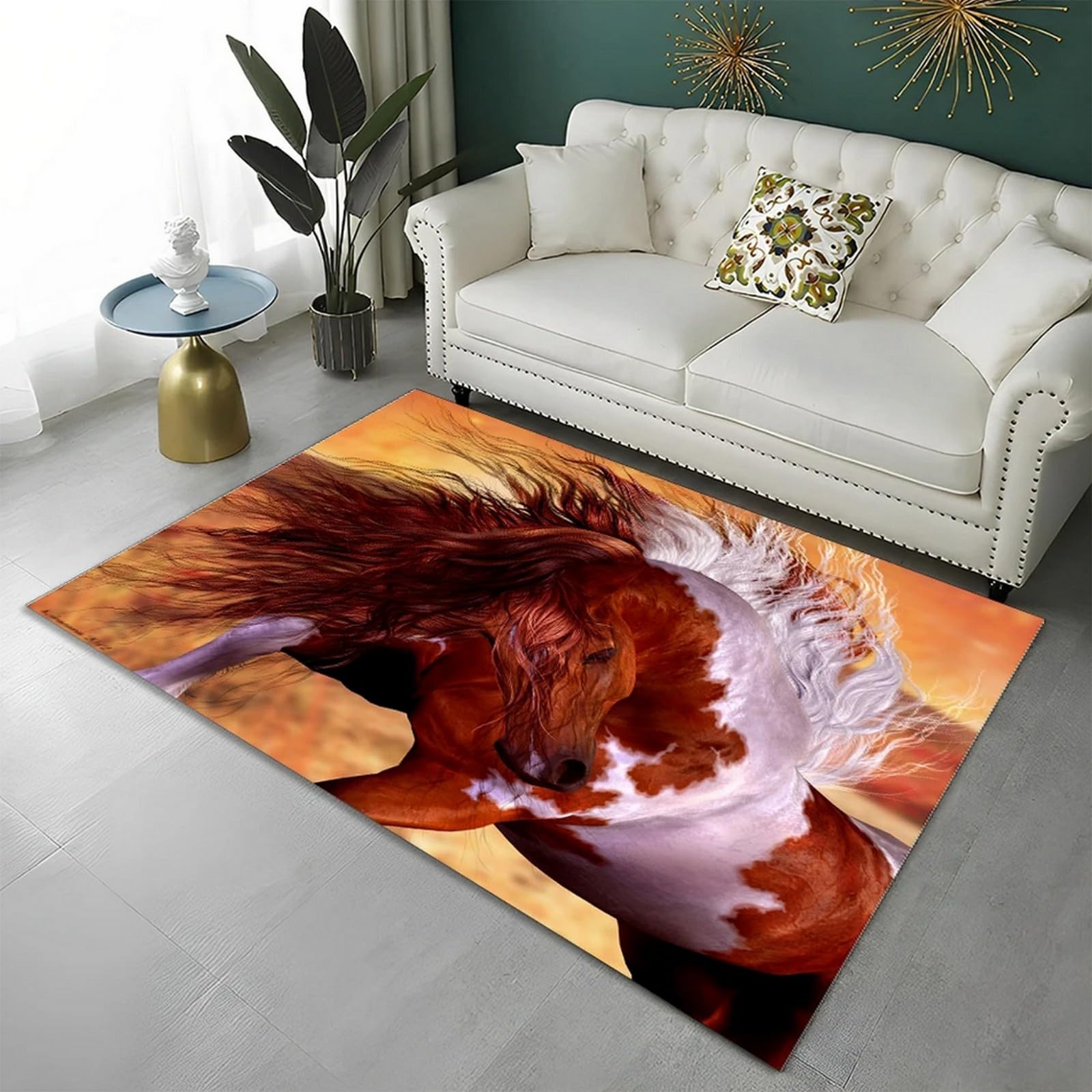 Tapis imprimé 3D cheval anti-glisse et anti-tache facile à nettoyer pour salon