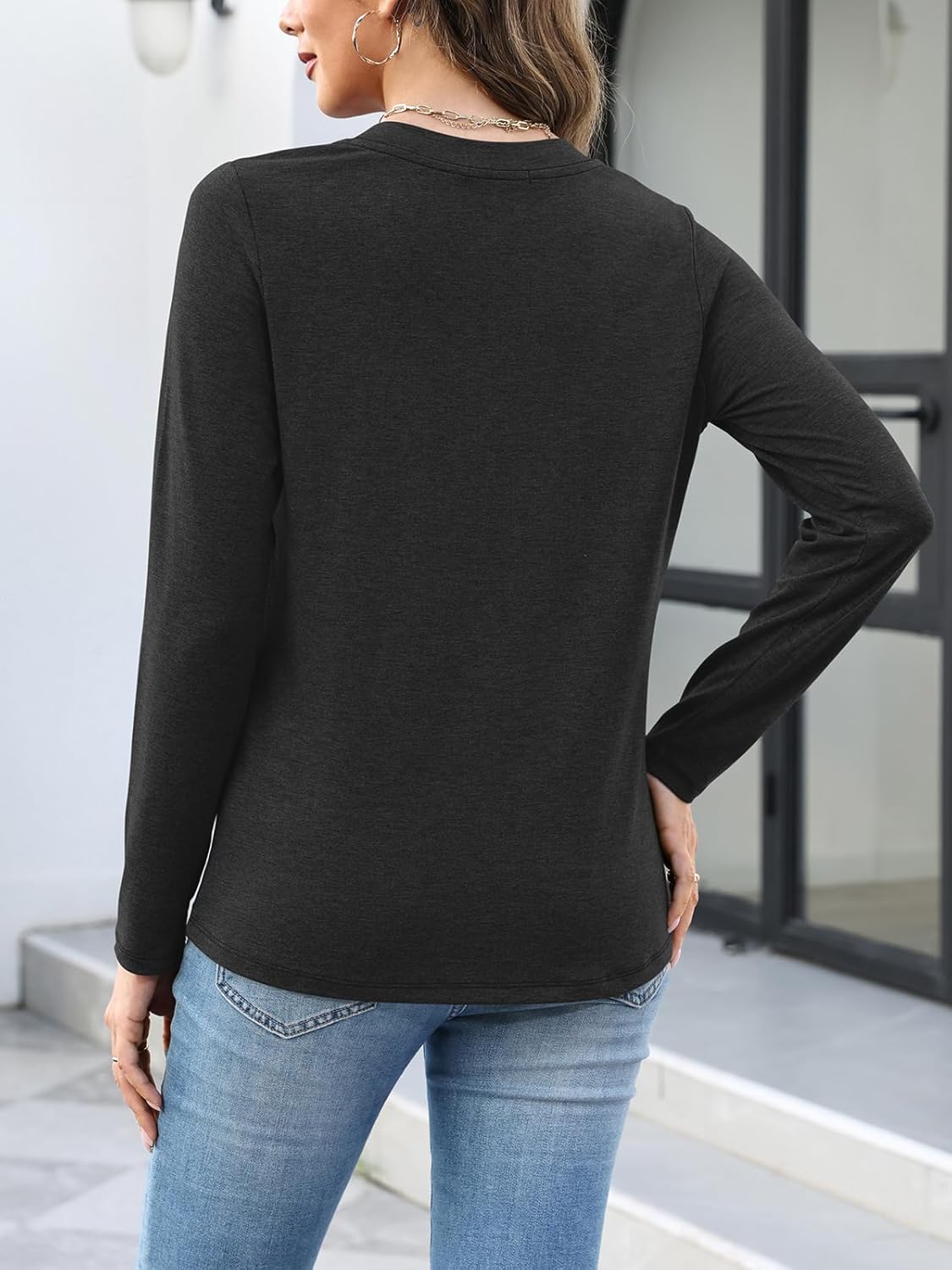 Womens Long Sleeve T Shirts V Neck Ruched Tops Loose Fit Pleated Tee Dressy Casual Tunic Blouses Fall Clothes - Image 5