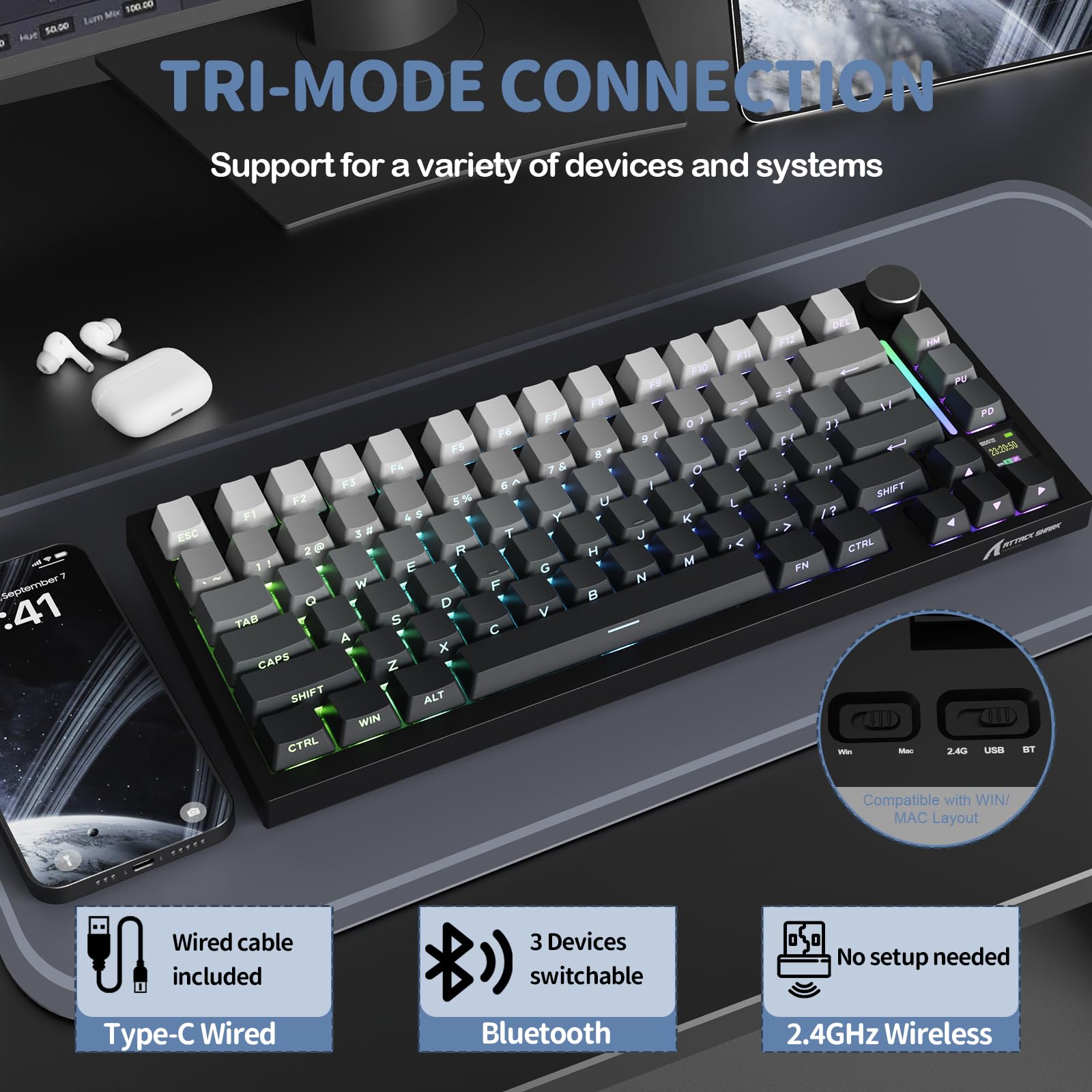ATTACK SHARK X820 Ultra Gasket Mechanische Tastatur, 75% ANSI-Layout, 2,4 GHz/BT/Wired, Hot-Swap, TFT-Bildschirm