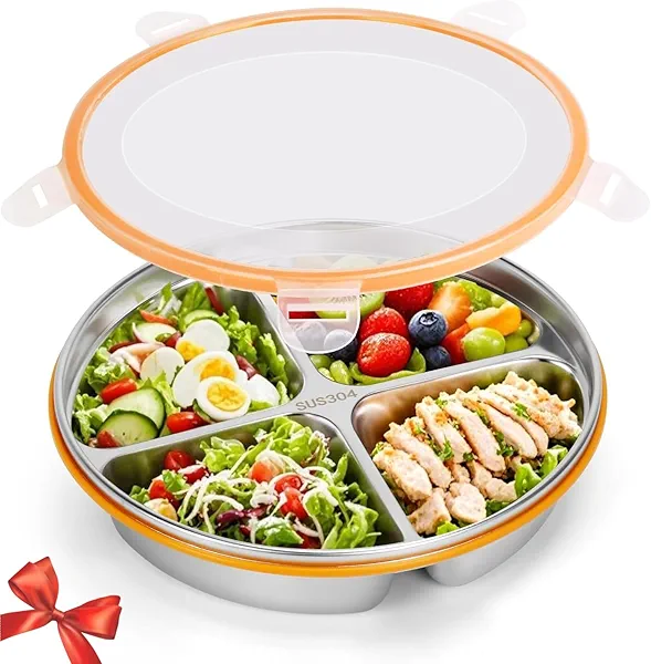 OUTFANDIA Stainless Steel Portion Control Plate with Lids, Four-Compartment Divided Plates, 9in Deep Divided Lunch Boxes with Secure Locking Plastic Lids, Reusable Camping Serving Dinner Plates