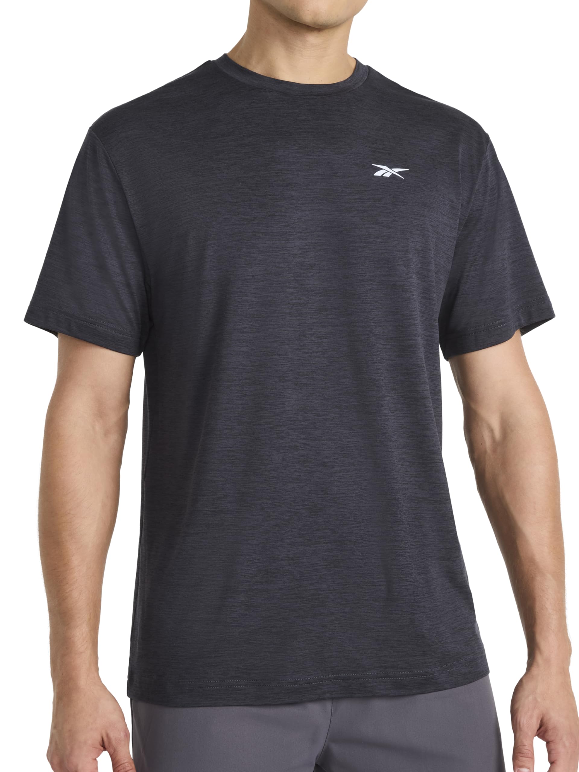 Reebok Men's Black Heather Apparel Strike Short Sleeve Crewneck T-Shirt, Standard Fit, Lightweight Stretch Poly Jersey Fabric, Large