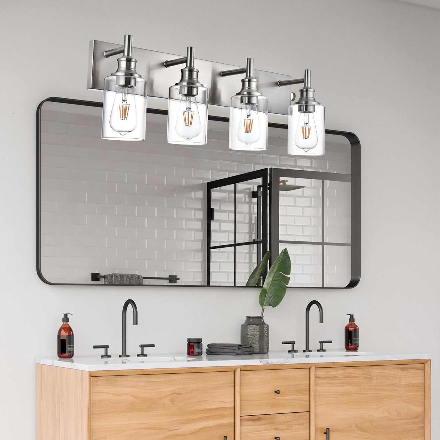 4 Light Bathroom Vanity Lights Brushed Nickel Bathroom Lighting Fixtures Over Mirror with Clear Glass, Industrial Wall Sconce Vanity Lighting Fixture for Bedroom Living Room, E26 Socket