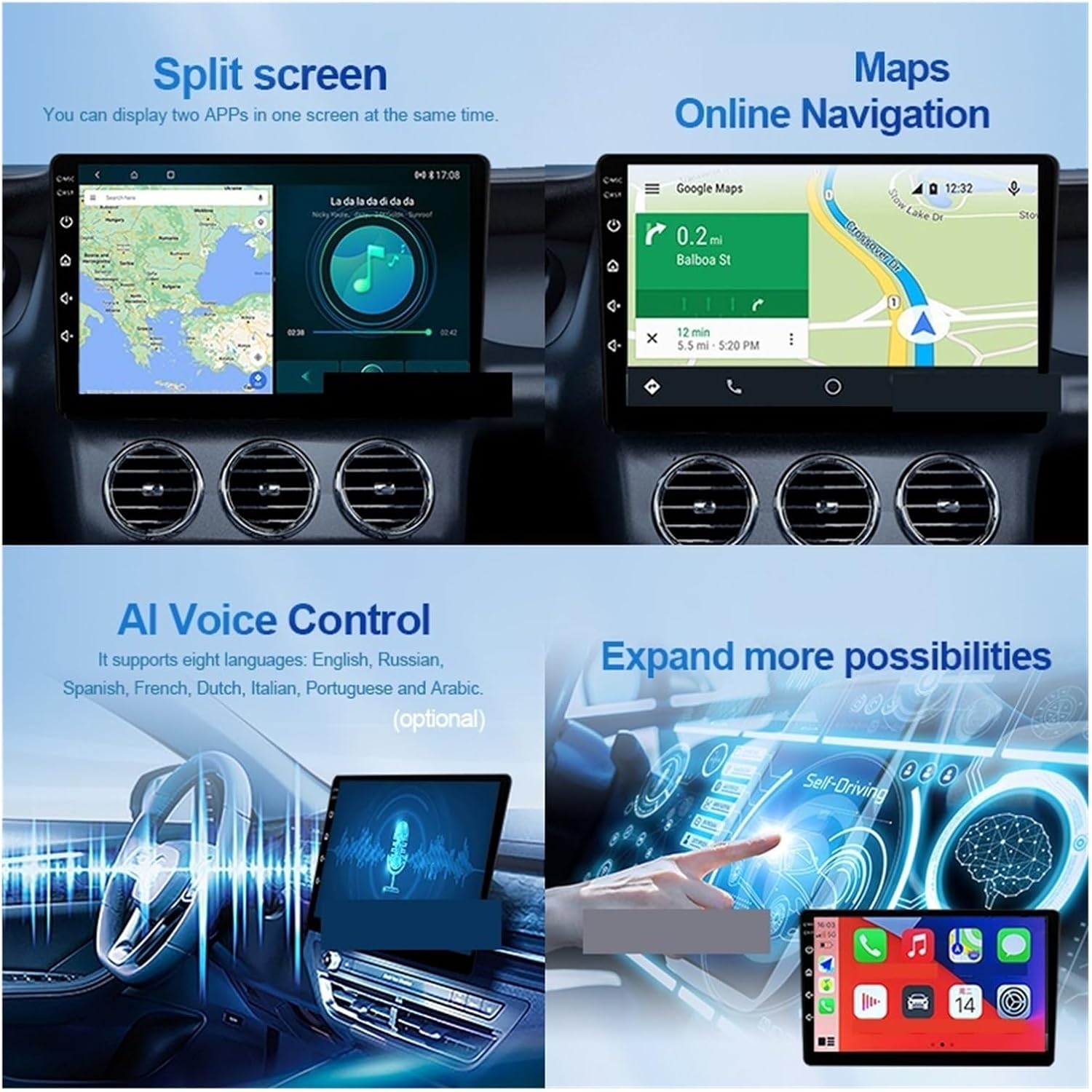 MZZYG Car Multimedia Player demonstrating split screen functionality with navigation and music, and online navigation with Google Maps.