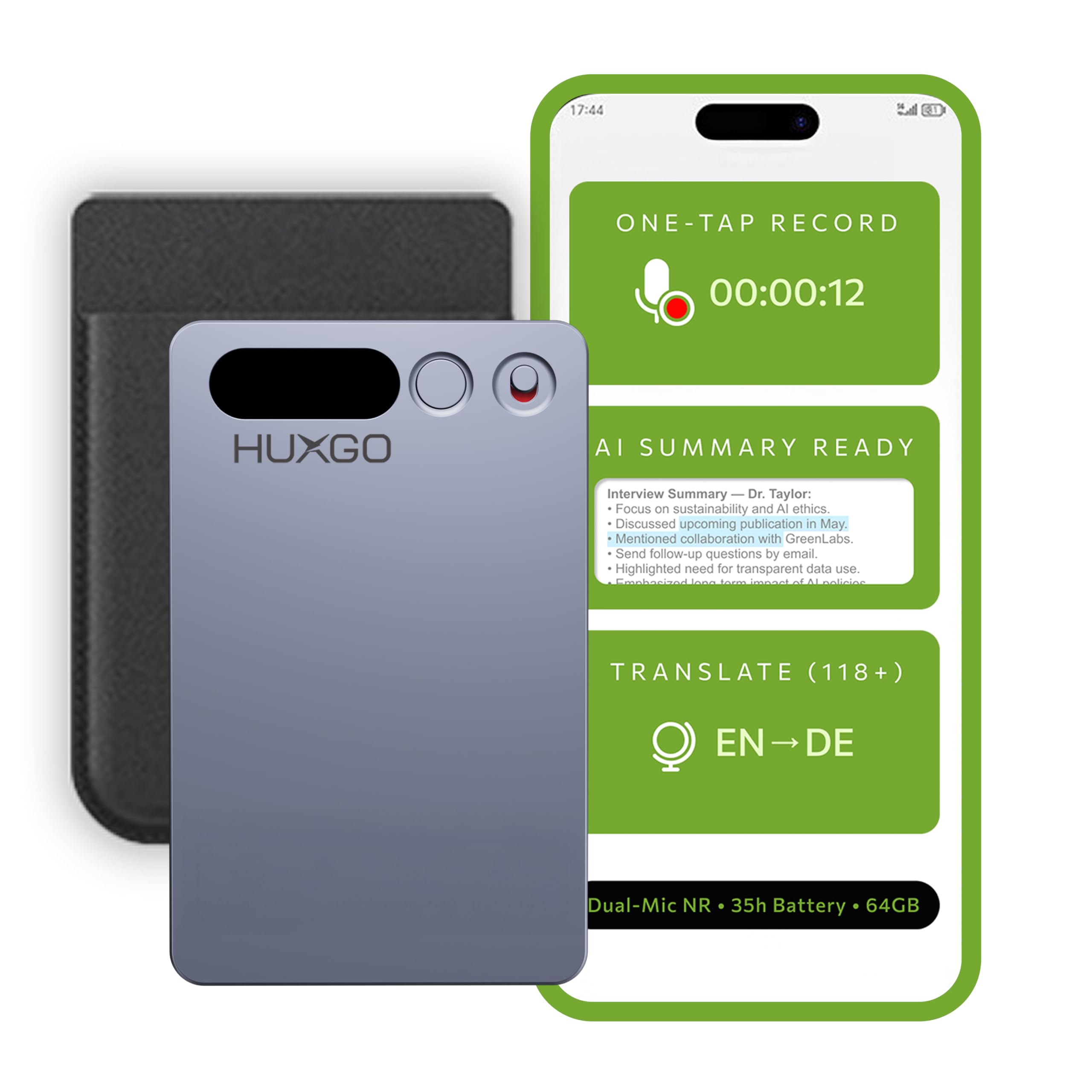 AI Diktiergerät 64GB – Dual-Mikrofon Rauschunterdrückung – 35 h Akku, Bluetooth 5.3 – App mit Transkription & Übersetzung (118+ Sprachen) – Voice Recorder mit Schreibfunktion