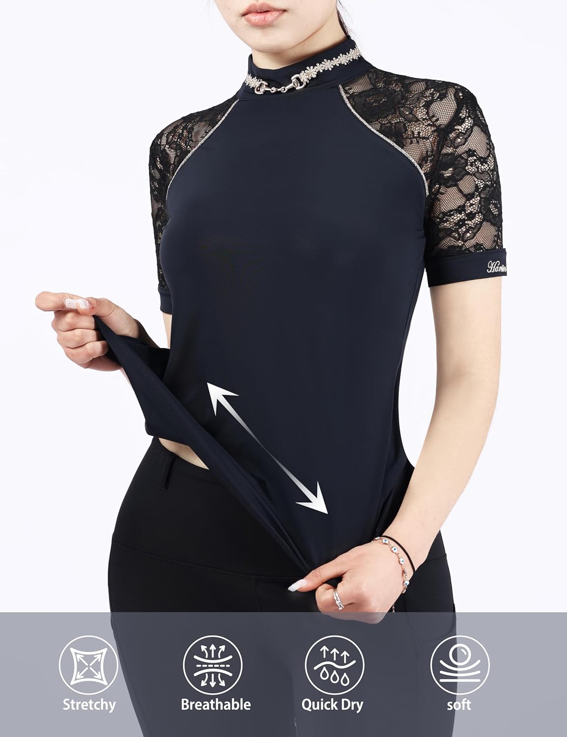 Harrison Howard Women's Slim Fit Show Shirt with Lace Sleeves and Iconic Bit Breathable Comfortable Rider Top