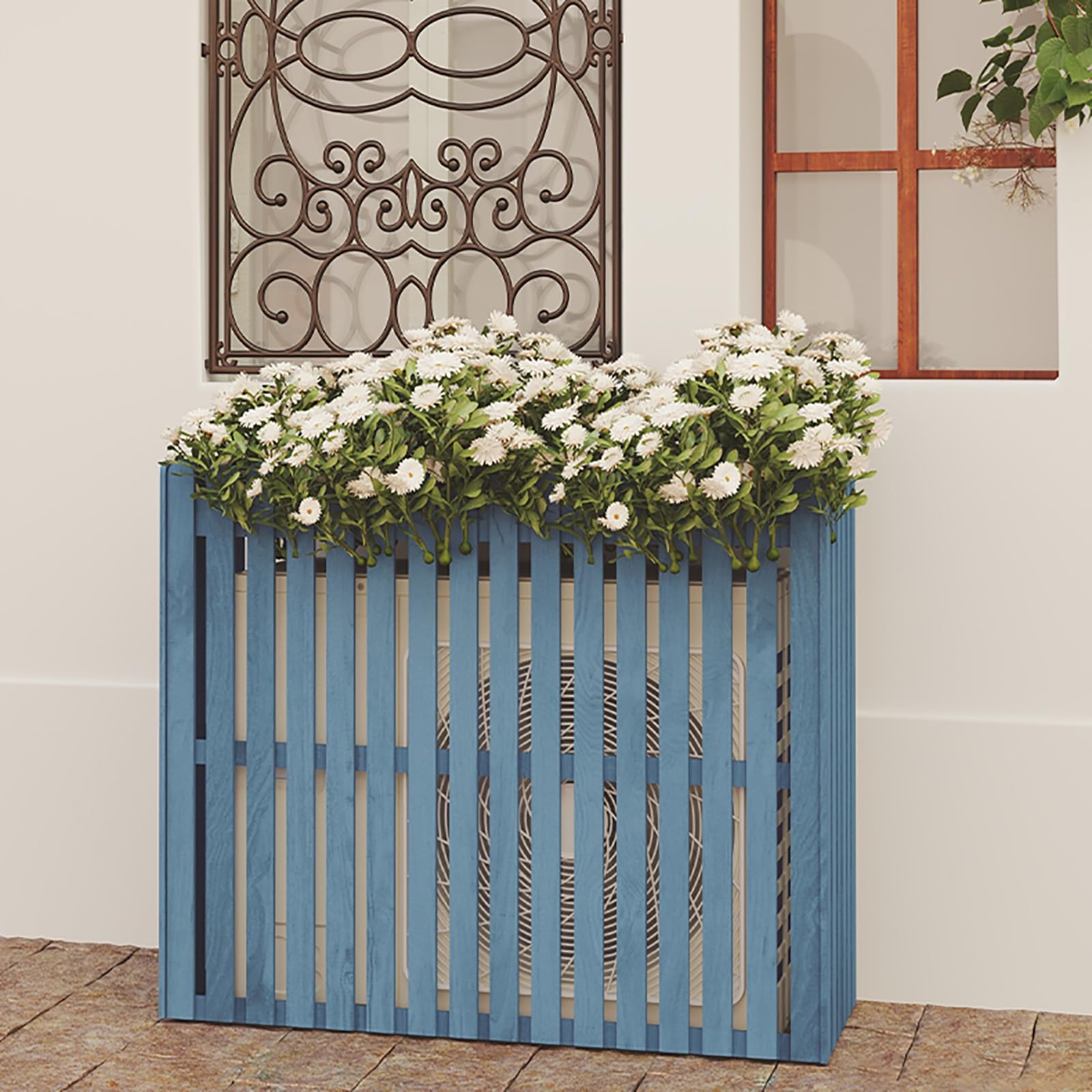 Housse de protection contre l'air extérieur – Clôture d'intimité en bois imperméable et fleur – et protection fonctionnelle de l'unité AC – Couleur bleue, parfaite pour les jardins et les terrasses.