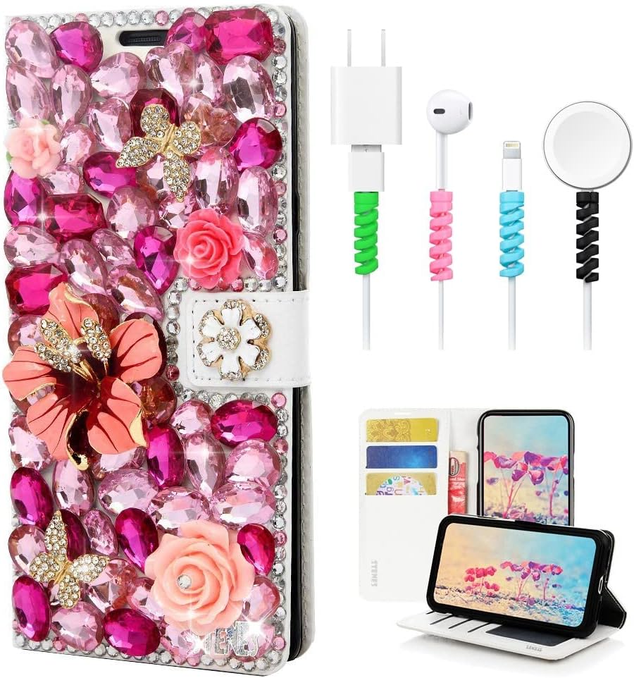 STENES Bling Wallet Case Compatible with Samsung Galaxy S10e 5.8 Inch - Stylish - 3D Handmade Flowers Butterfly Design Leather Case with Wrist Strap & Cable Protector [4 Pack] - Red