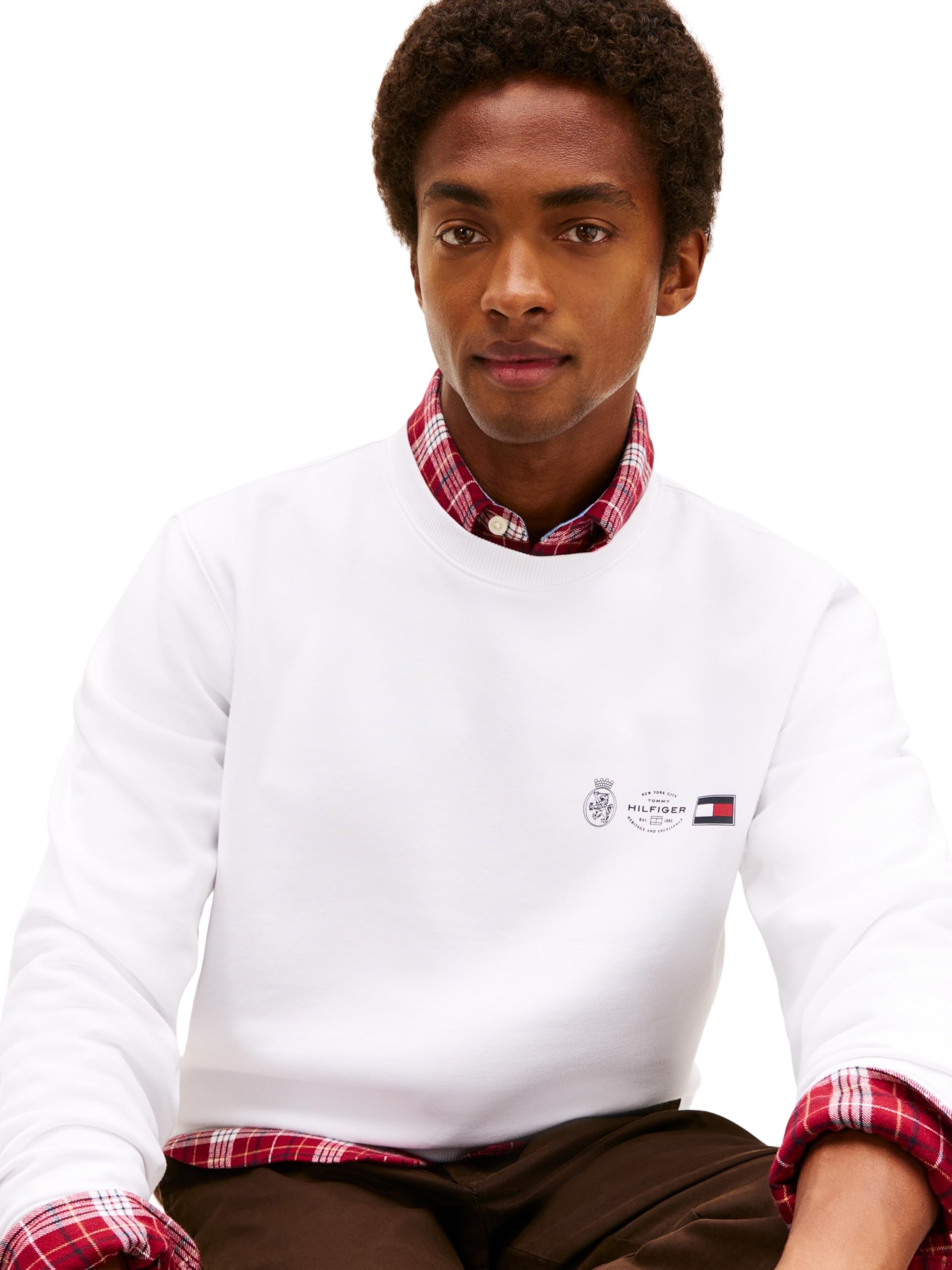 Tommy Hilfiger Męski SMALL CREST OUTLINE CREW NECK MW0MW40863 Pulower Bluza, Biały, M, Biały (biały), M