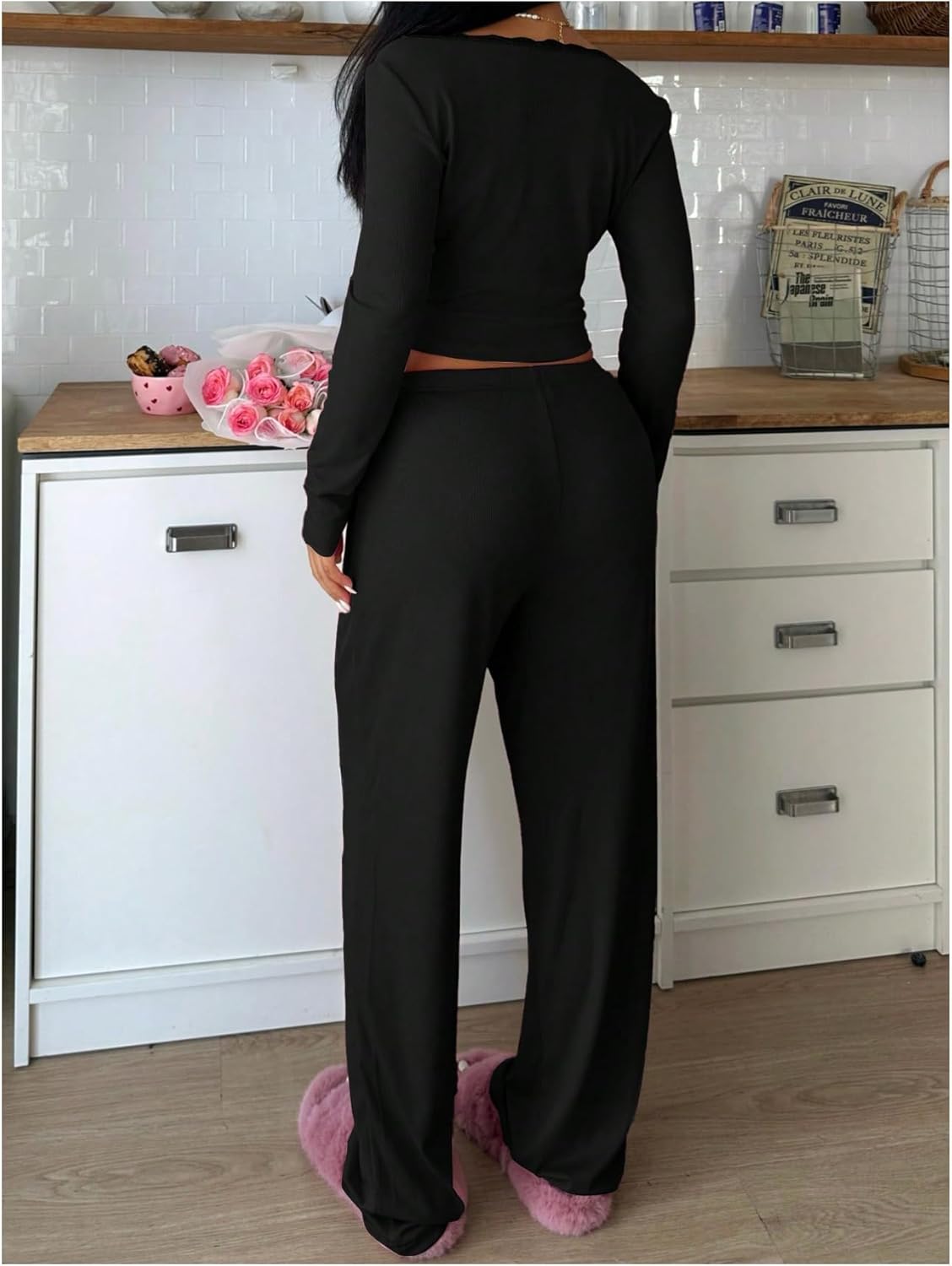 Women's 2 Piece Cute Bow Pajama Sets Lace Trim Long Sleeve Crop Top and Pants Fall Loungewear - Image 3