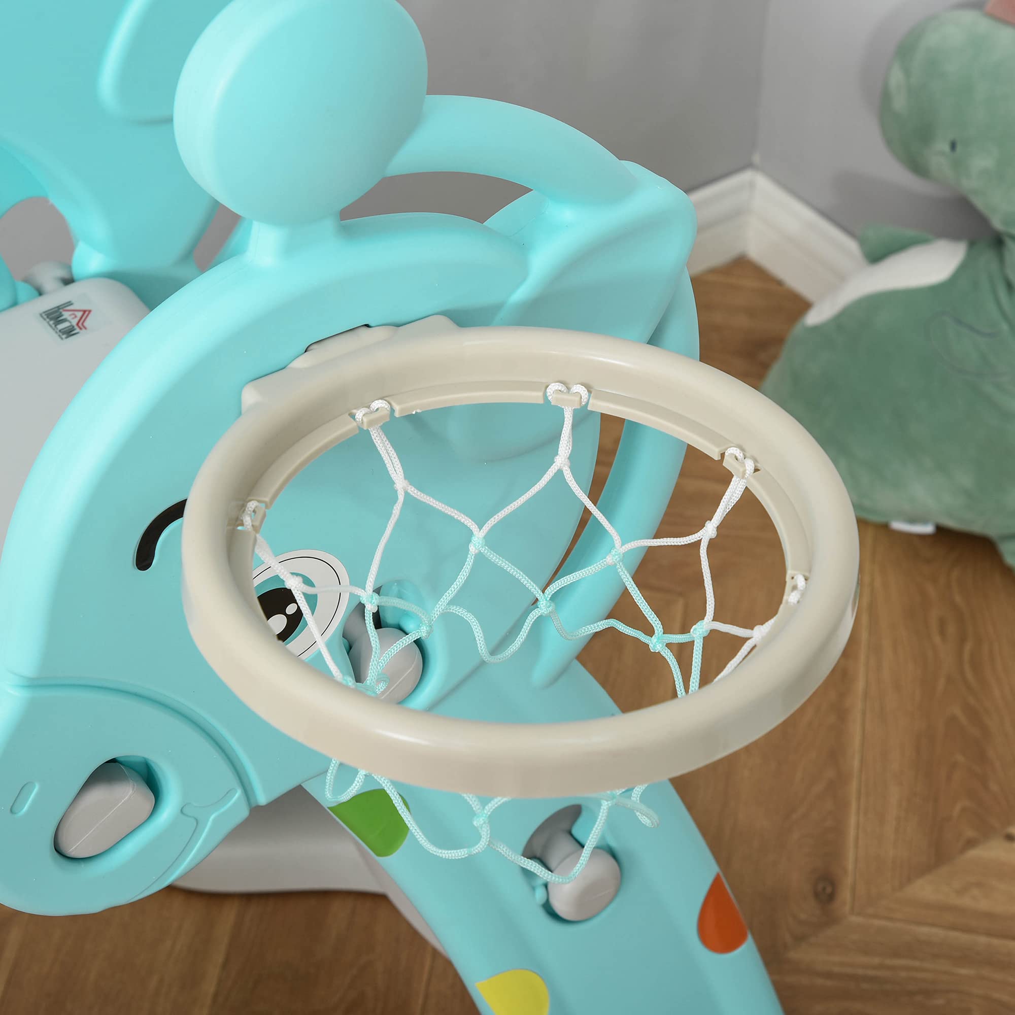 HOMCOM Tobogán para Niños +18 Meses Plegable 2 en 1 con Canasta de Baloncesto Modelo Jirafa Juguete Infantil para Interiores y Exteriores 147x82x85,5 cm Azul y Gris